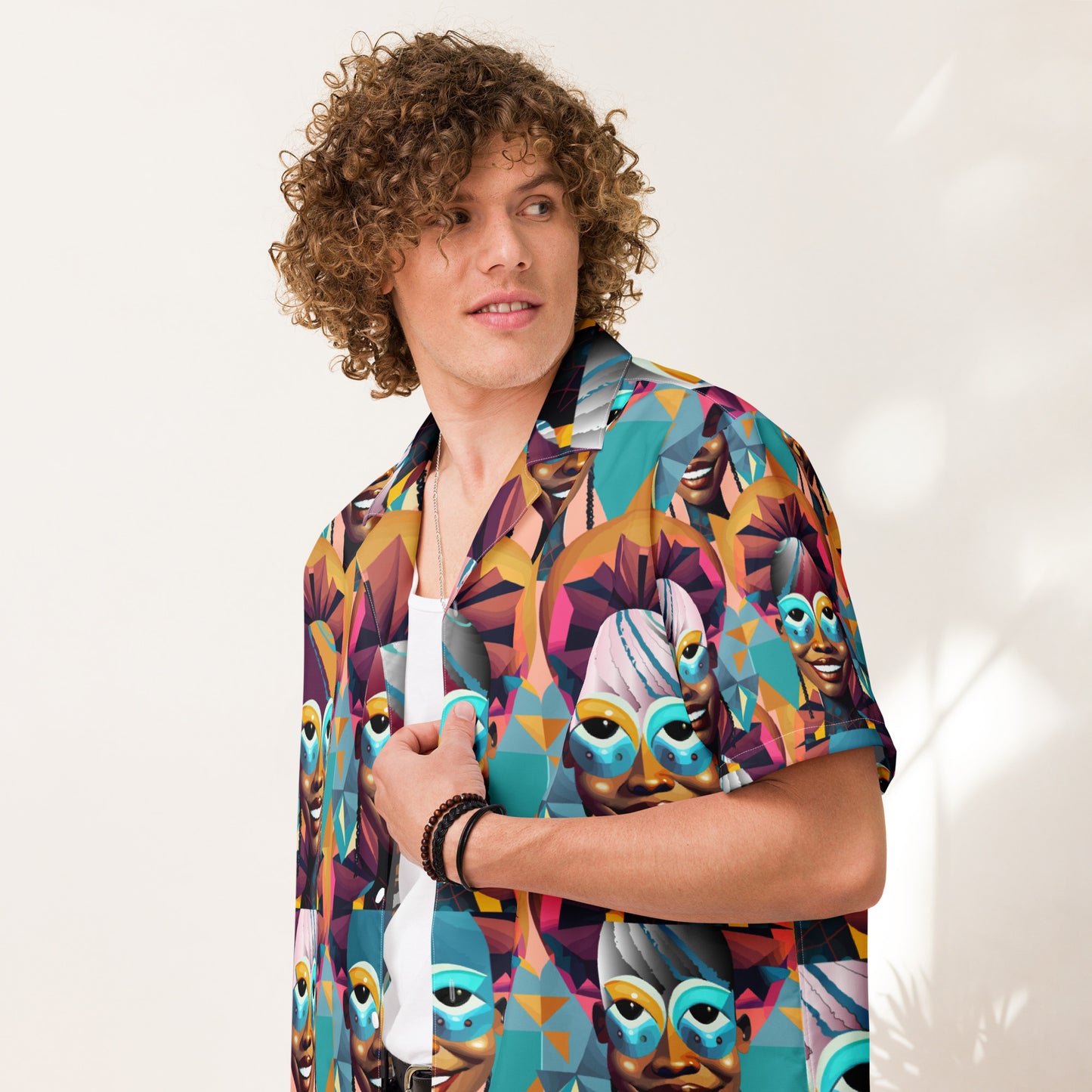 Unisex button shirt Kukloso Cubist Faces 'The Big Smile' Abstract Collage - Free Shipping