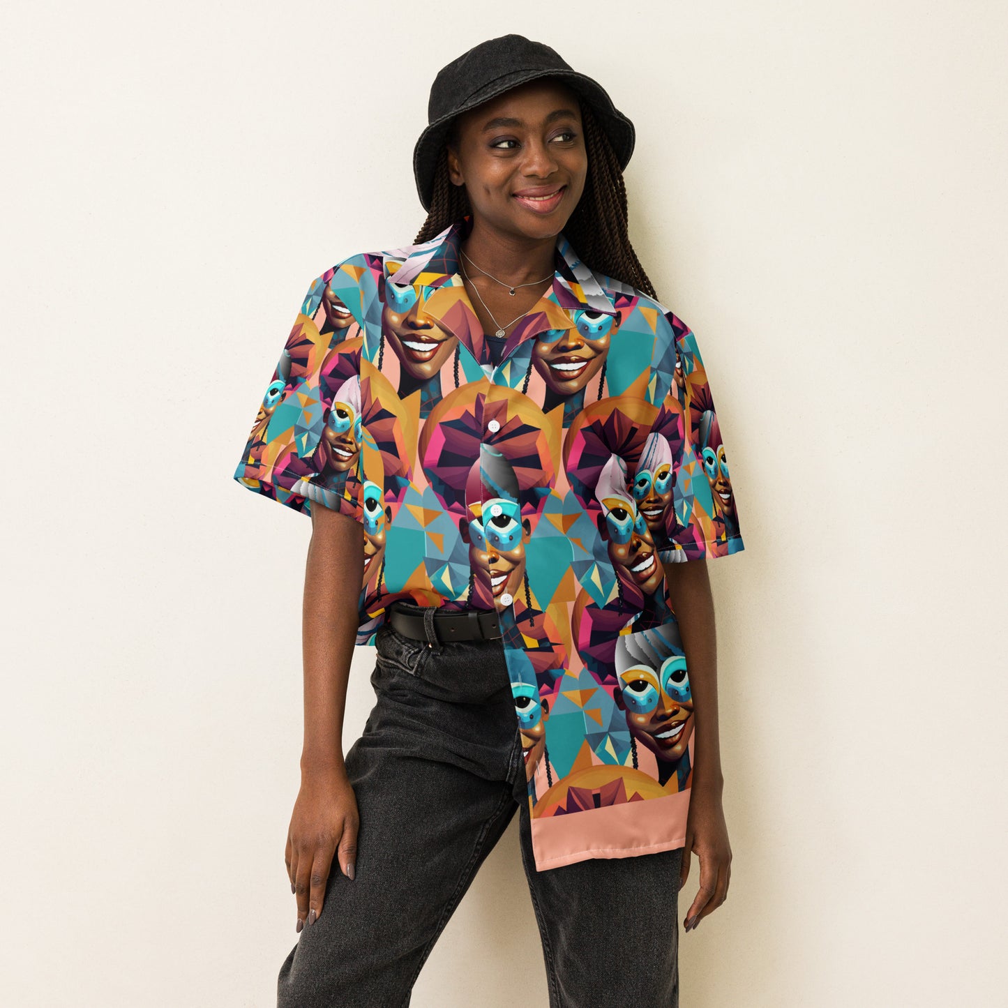 Unisex button shirt Kukloso Cubist Faces 'The Big Smile' Abstract Collage - Free Shipping