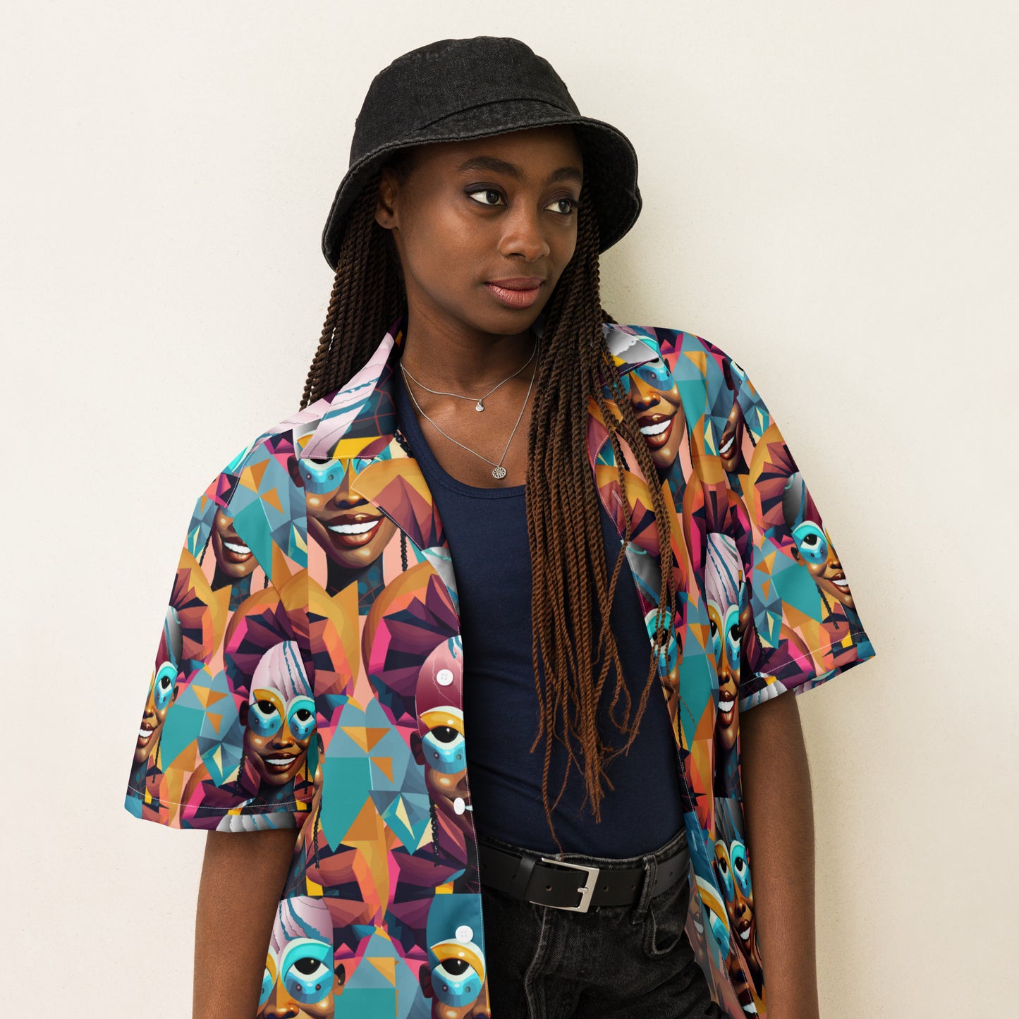 Unisex button shirt Kukloso Cubist Faces 'The Big Smile' Abstract Collage - Free Shipping