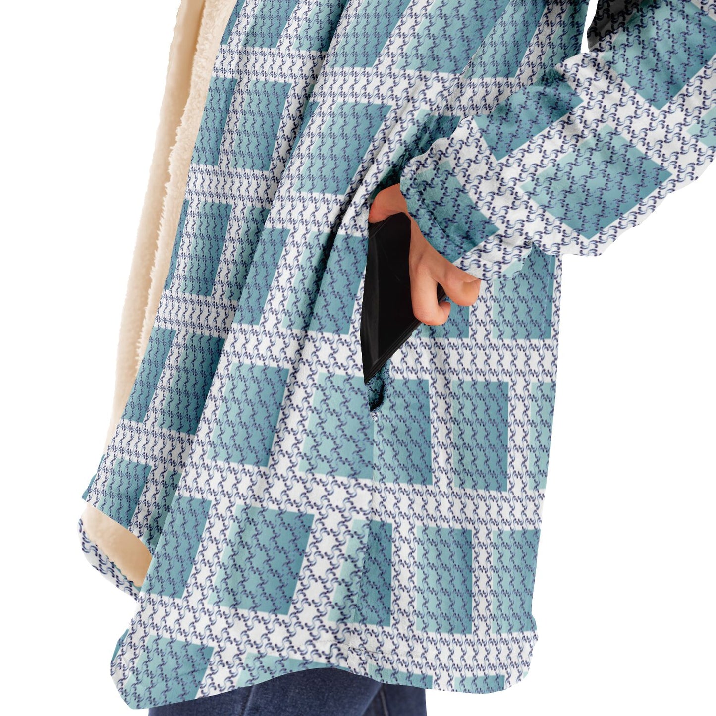 Microfleece Cloak - AOP Kukloso Whimsical No 39 Abstract Aqua shapes on White - Free Shipping
