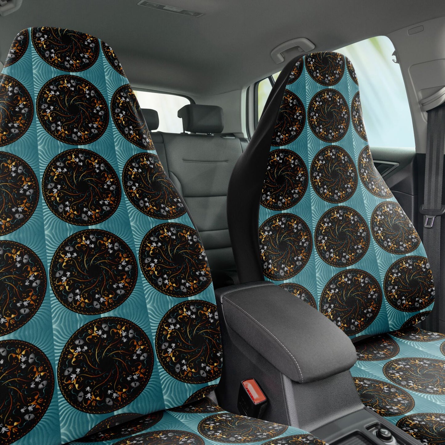 Car Seat Cover - AOP Kukloso No 155 Mandala design, Aqua-Black on Black - Free Shipping