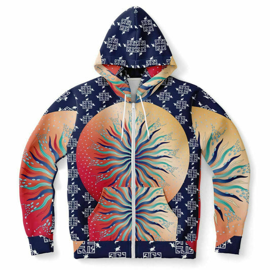 Fashion Zip-Up Hoodie - AOP Kukloso Mandala No 5A Multicolored Combo on a Greek Border - Free Shipping