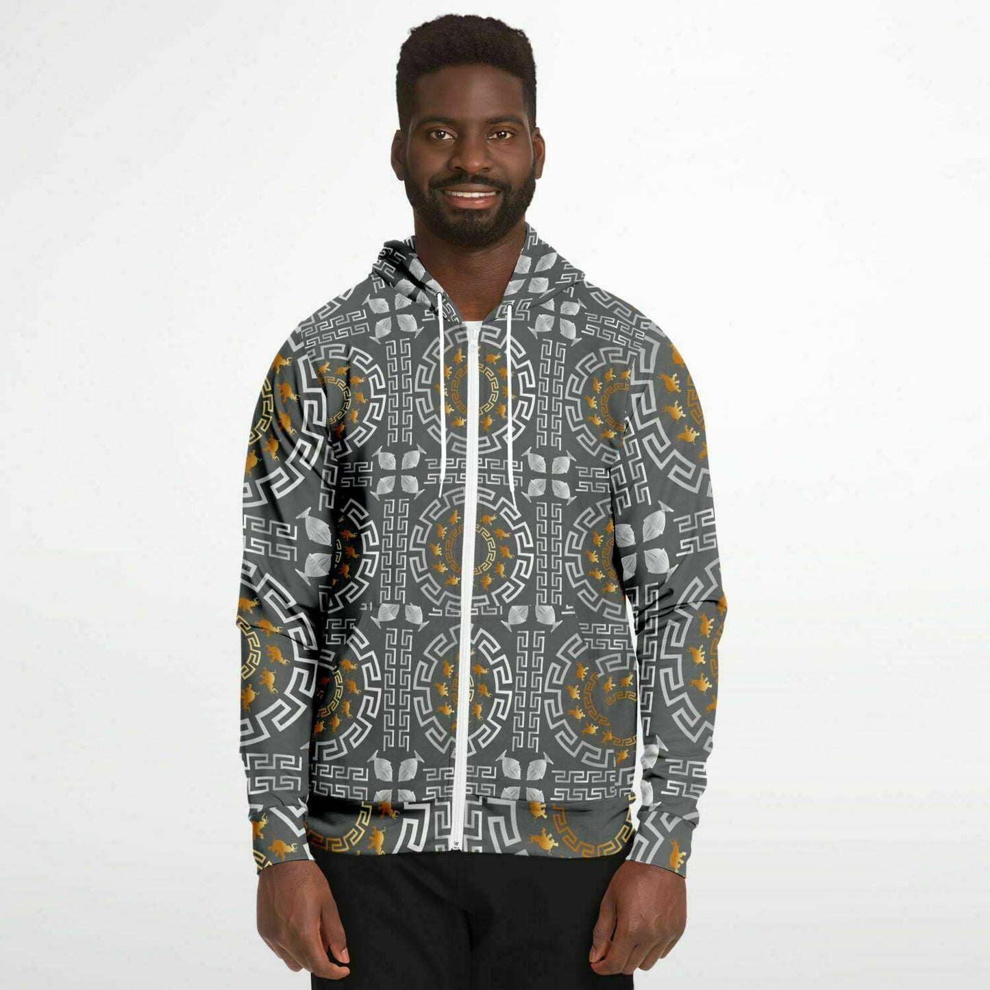 Fashion Zip-Up Hoodie - AOP Kukloso Greek Border with Elephant No 40 Silver & Gold on Gray - Free Shipping