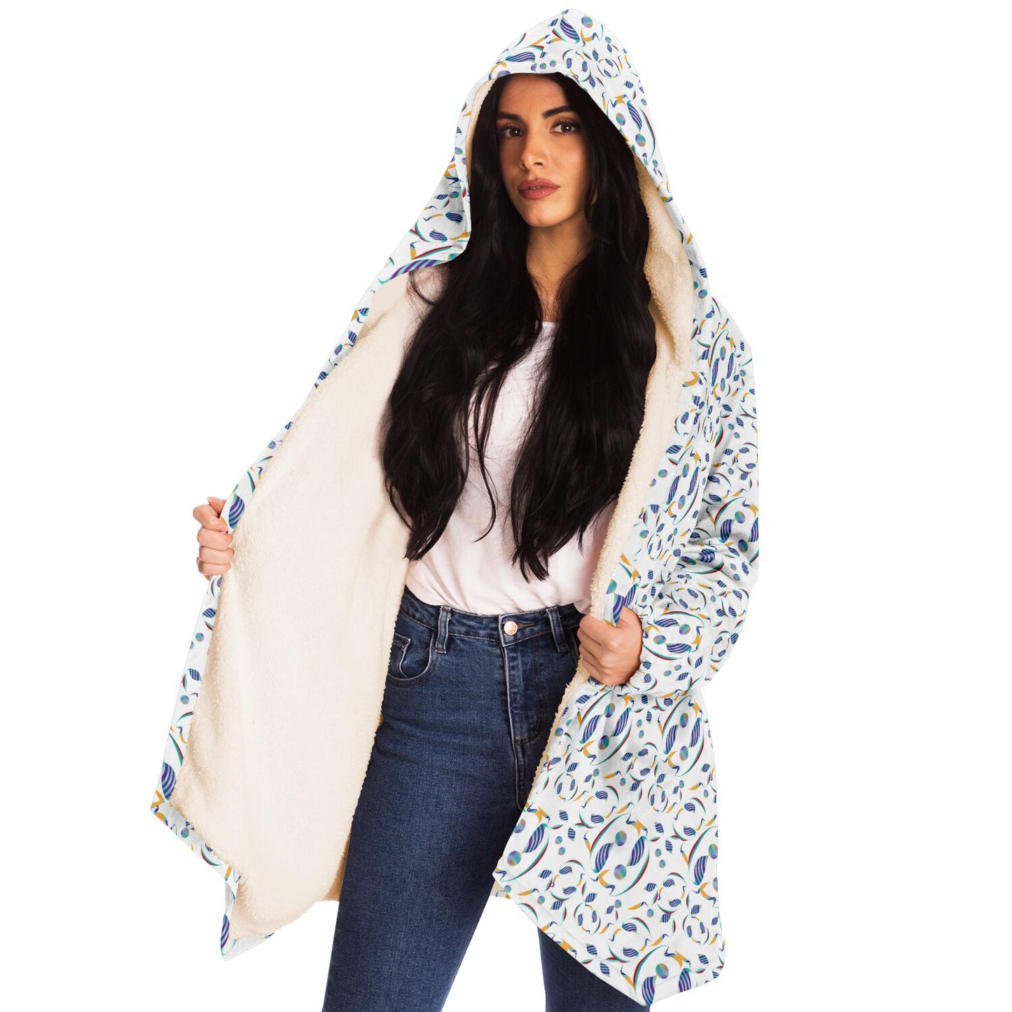 Microfleece Cloak - AOP Kukloso Whimsical No 80 Abstract shapes, Aqua, Navy Yellow on White - Free Shipping