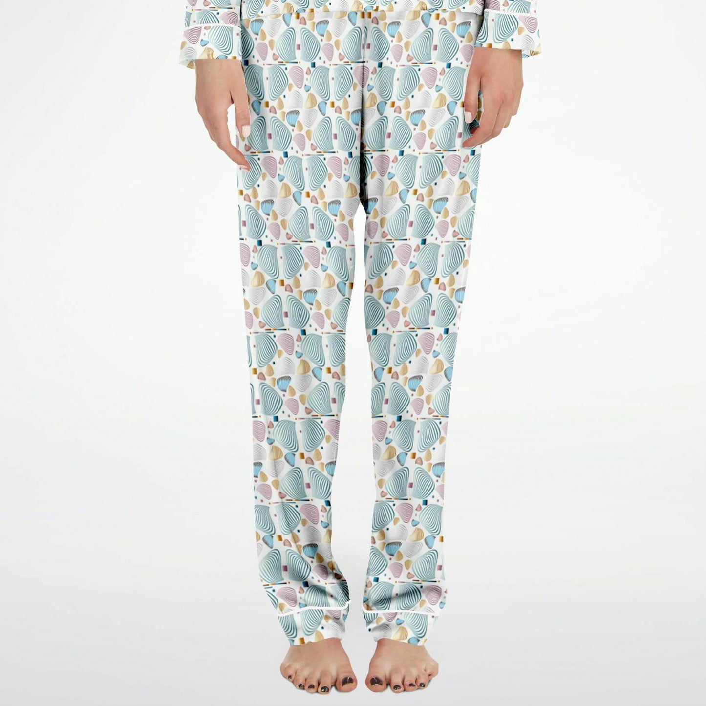 Women's Satin Pajamas - AOP Kukloso Fleurons No 80 No 1 Abstract shapes Pink, Aqua, Copper, Navy, Silver & Gold on White - Free Shipping