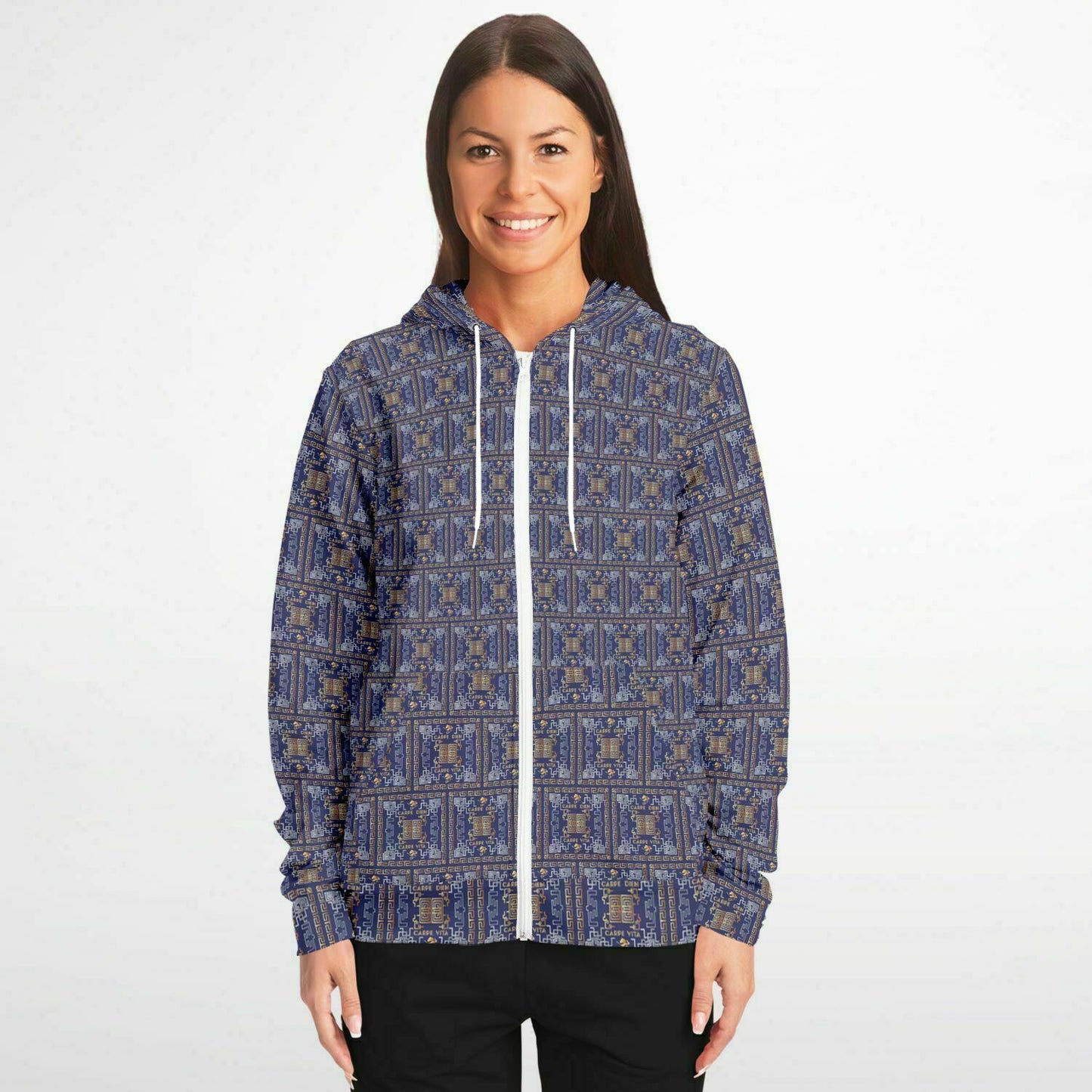 Fashion Zip-Up Hoodie - AOP Kukloso Greek Border No 41 No 2 Carpe Diem, Gold & Silver on Navy - Free Shipping