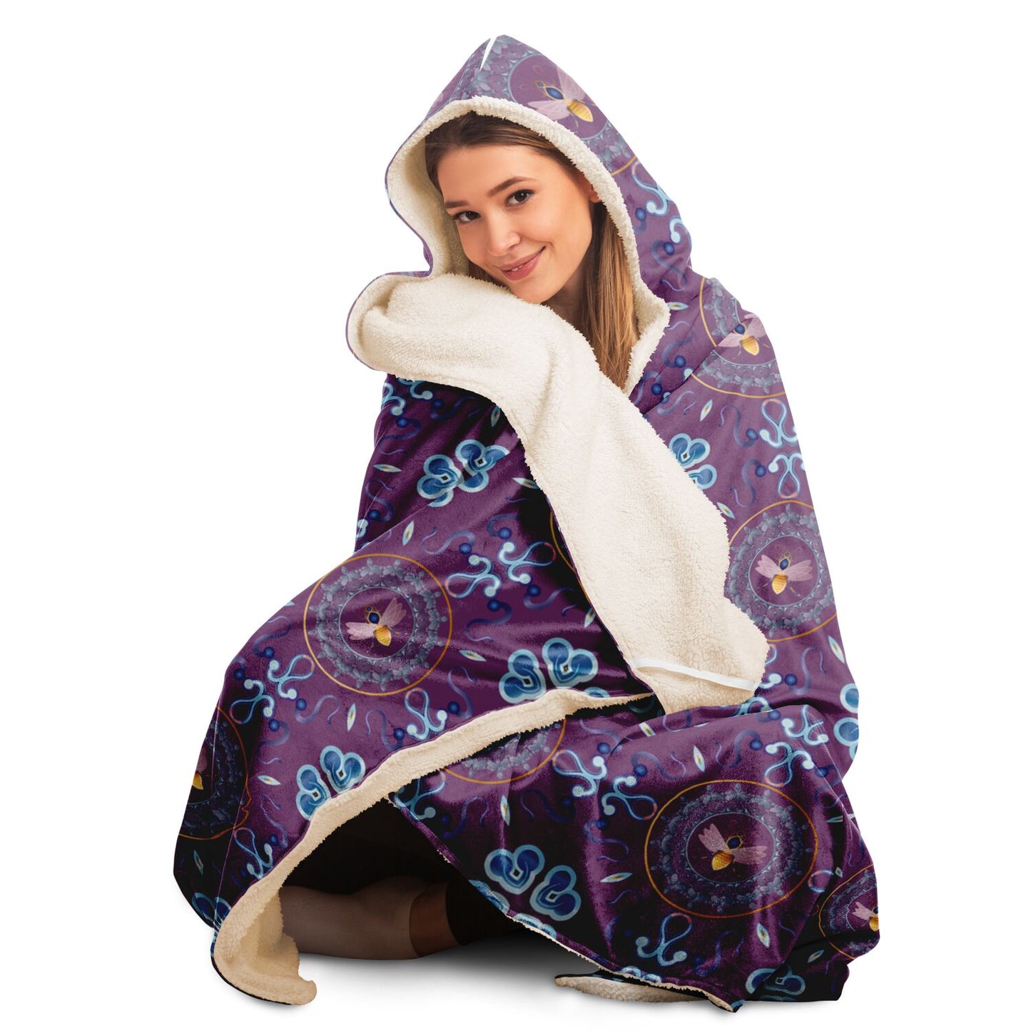 Hooded Blanket - AOP Mandala No 154 No 2 Aqua & Blue on White