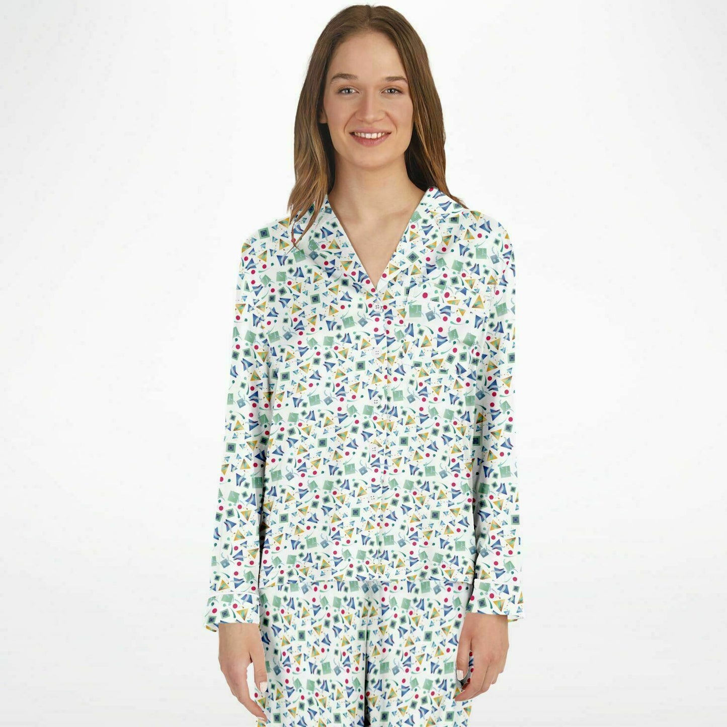 Women's Satin Pajamas - AOP Kukloso Whimsical No 11 Multi-Geometrical shapes & colors on White - Free Shipping