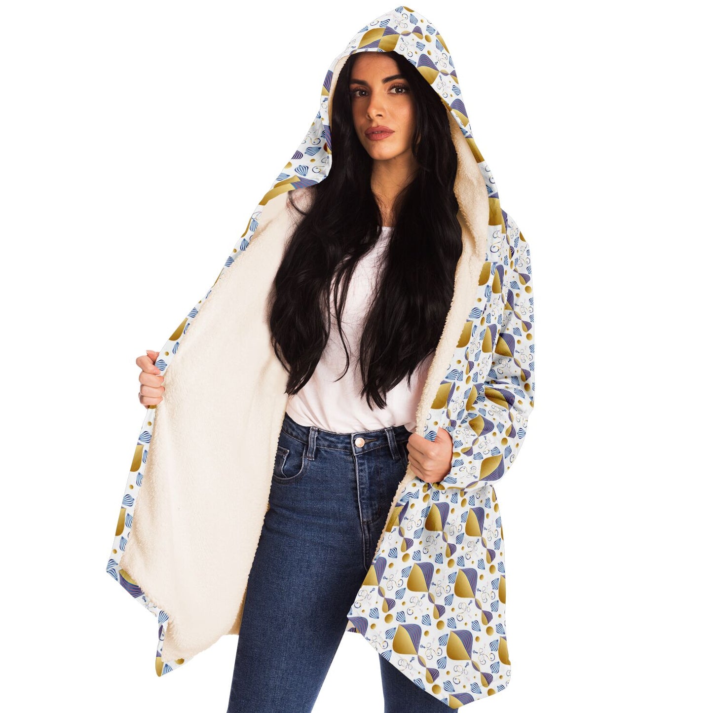 Microfleece Cloak - AOP Kukloso Whimsical No 21 Abstract Gold, Pink & Navy shapes on White - Free Shipping