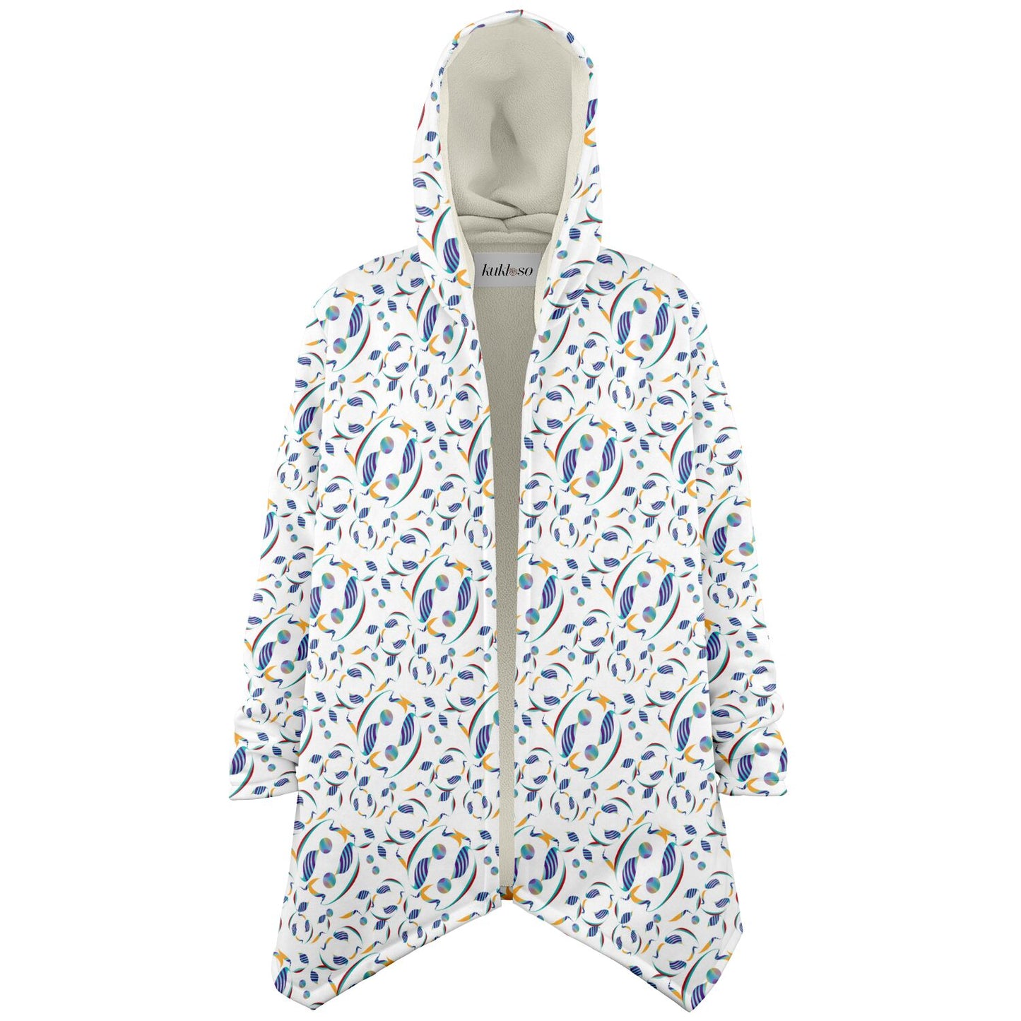 Microfleece Cloak - AOP Kukloso Whimsical No 80 Abstract shapes, Aqua, Navy Yellow on White - Free Shipping