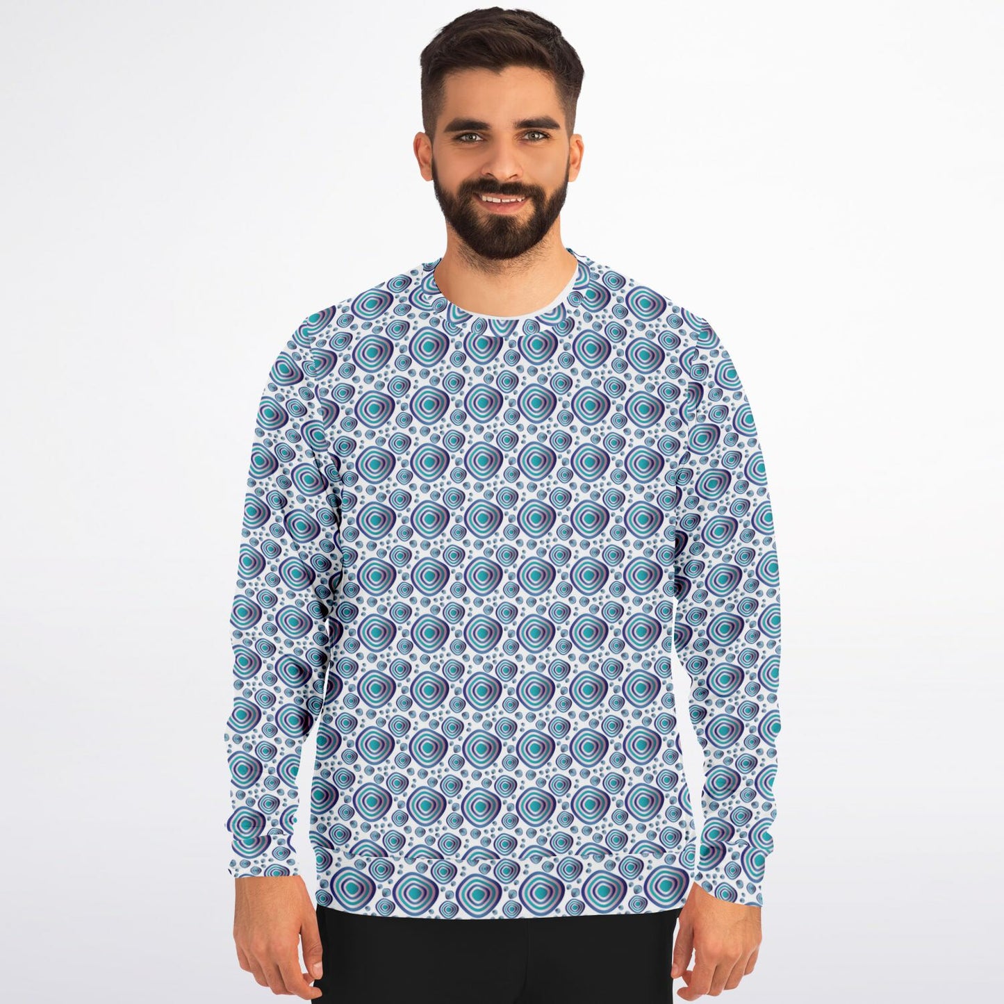 Athletic Sweatshirt - AOP Kukloso Abstractical No 96 Navy, Aqua, Pink Circular shapes on White - Free Shipping
