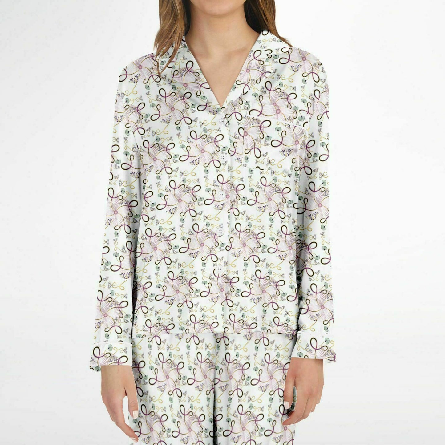 Women's Satin Pajamas - AOP Kukloso Whimsical No 25 Pink & Gold abstract swirling shapes on White - Free Shipping