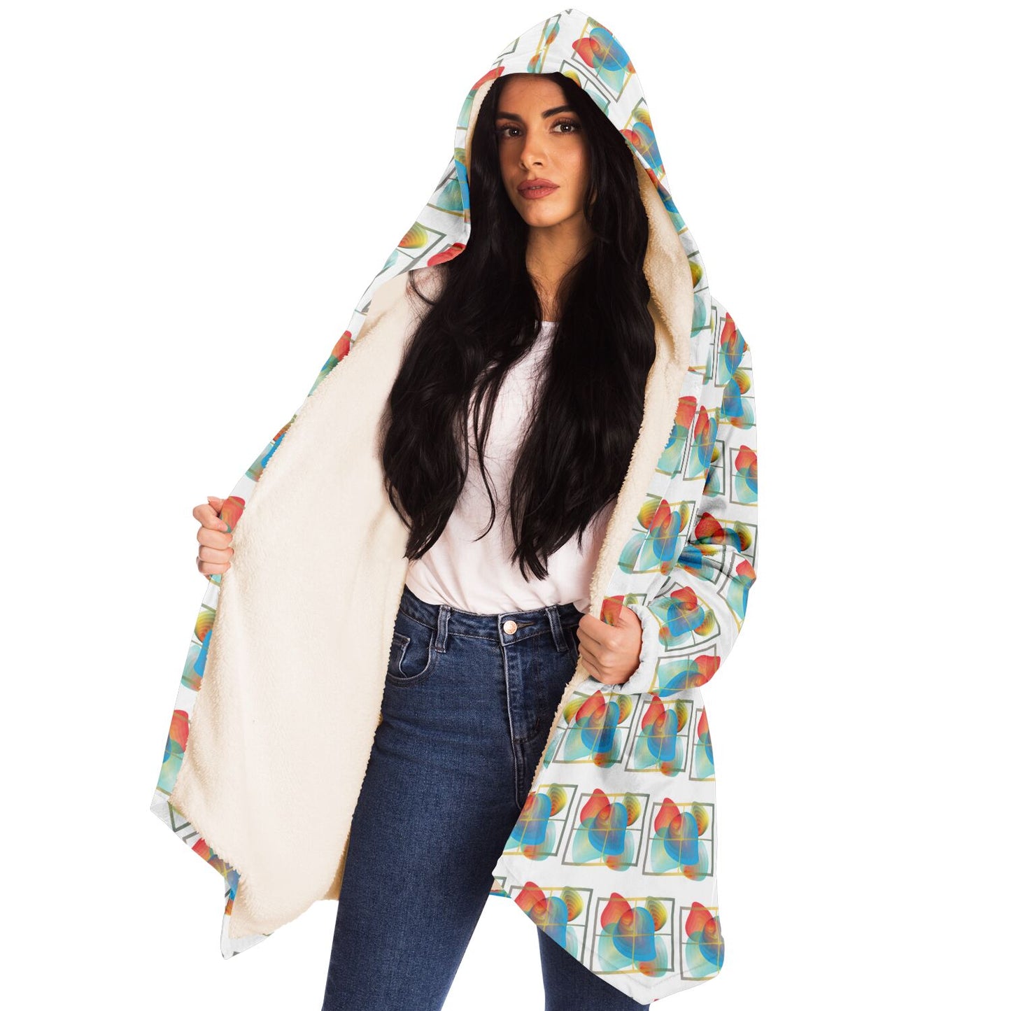 Microfleece Cloak - AOP Kukloso Whimsical No 50 Abstract shapes Aqua, Green, Orange on White - Free Shipping