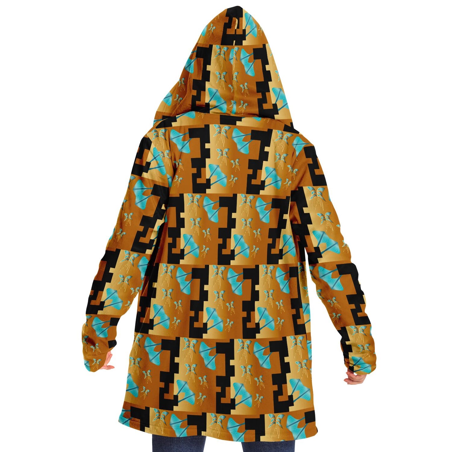Microfleece Cloak - AOP Kukloso Whimsical No 43 Abstract Moth design, Gold & Turwuoise on Black - Free Shipping