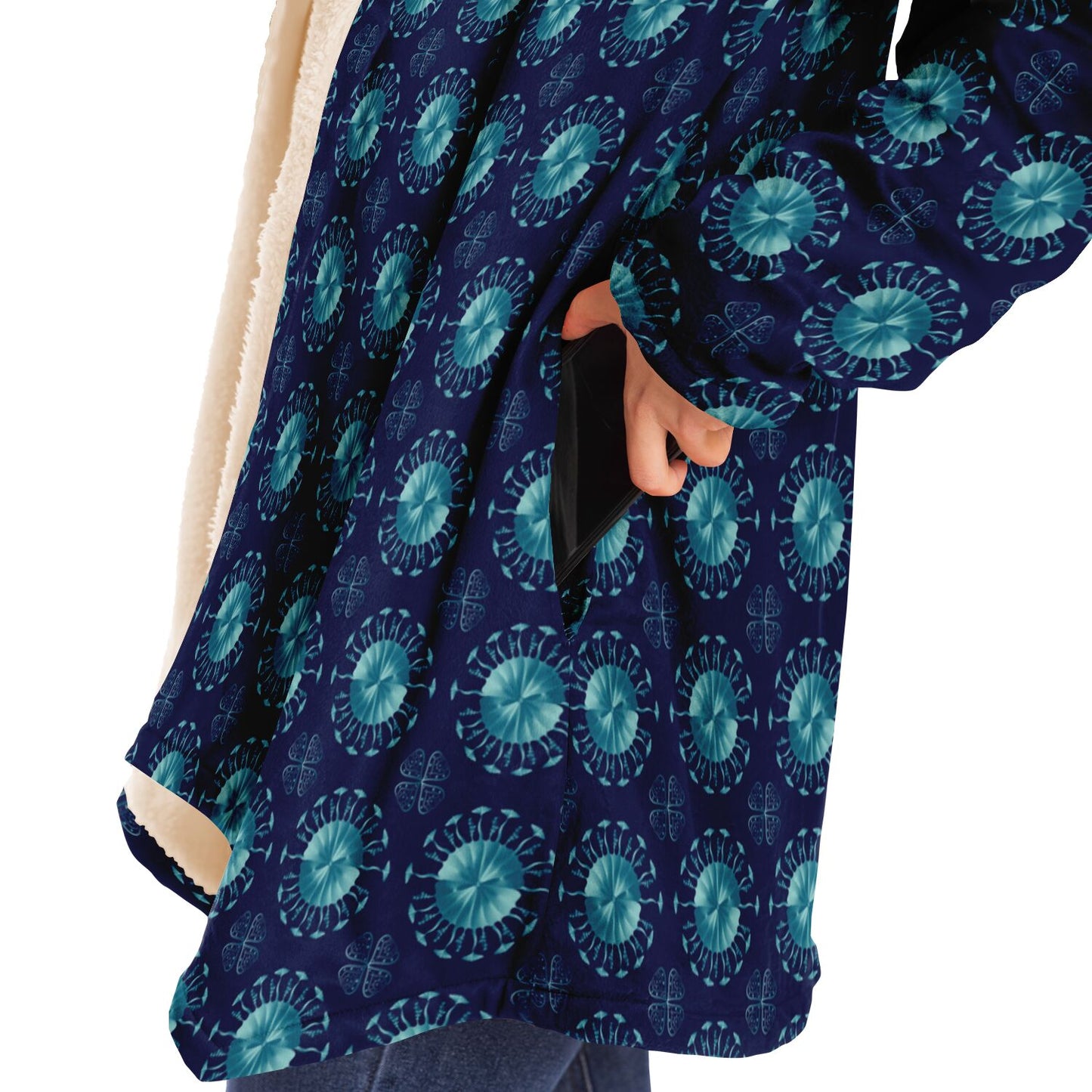 Microfleece Cloak - AOP Kukloso Whimsical No 34 Aqua-Colored Mini-Mandalas on Navy - Free Shipping