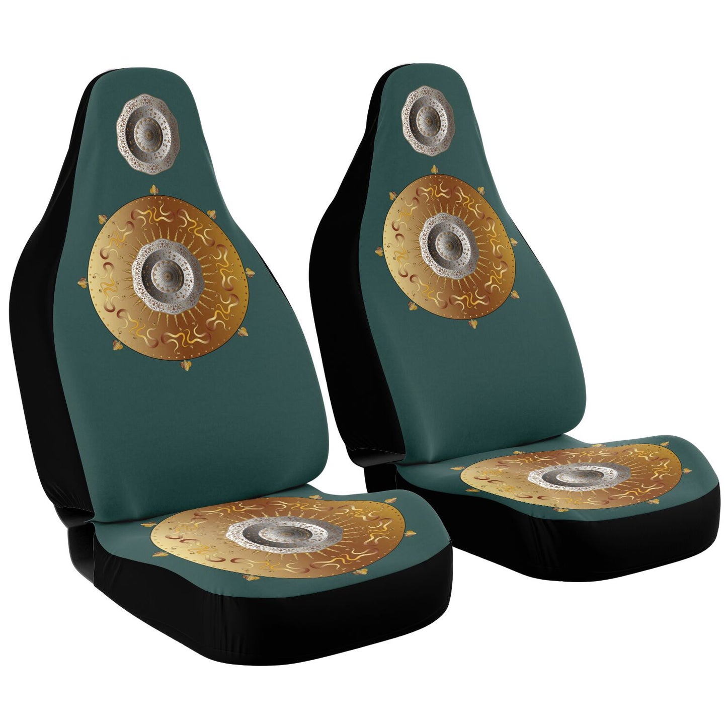 Car Seat Cover - AOP Kukloso Intricate Mandala design, Gold & Silver colors on Green - Free Shipping
