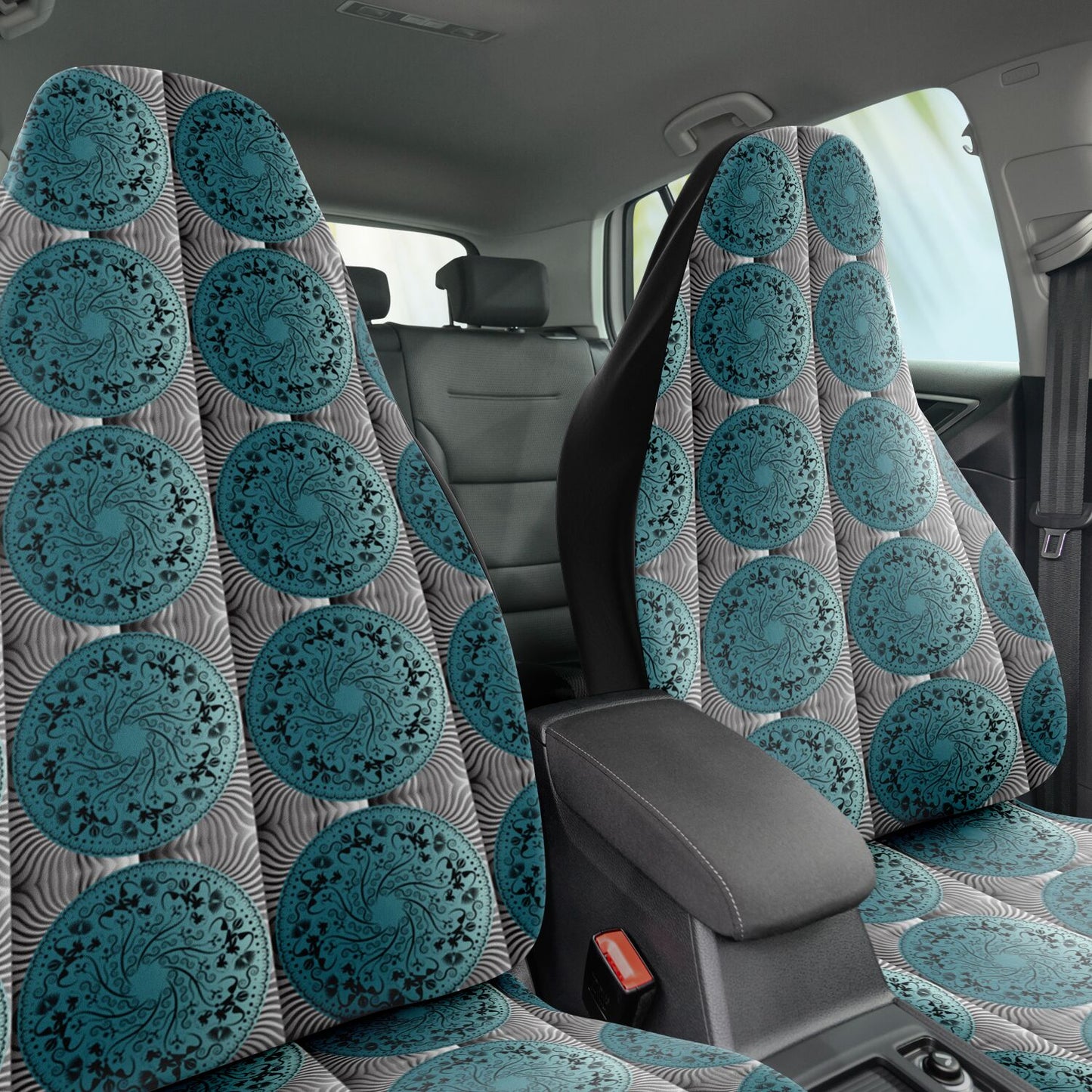 Car Seat Cover - AOP Kukloso No 155 Mandala design, Aqua-Black on Silver - Free Shipping