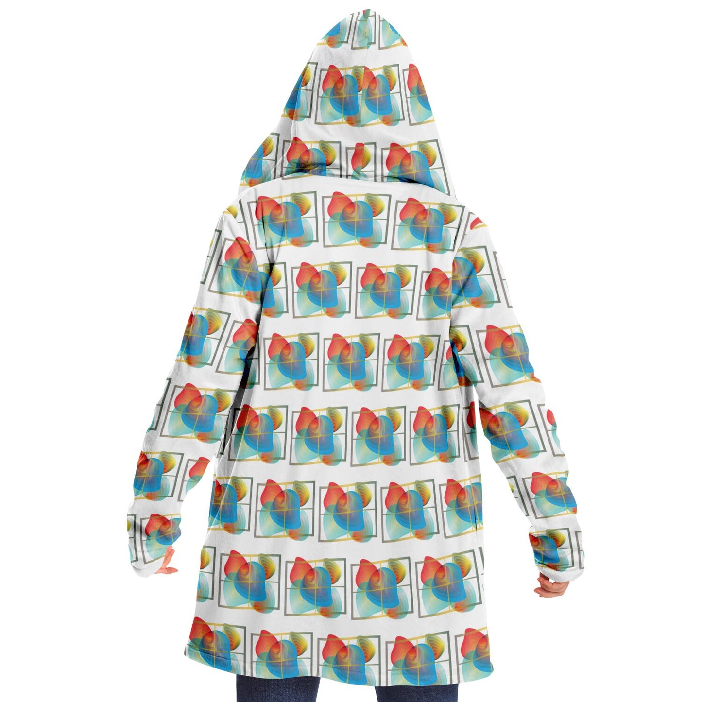 Microfleece Cloak - AOP Kukloso Whimsical No 50 Abstract shapes Aqua, Green, Orange on White - Free Shipping