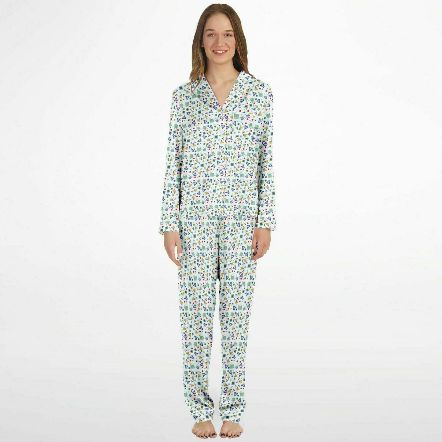 Women's Satin Pajamas - AOP Kukloso Whimsical No 11 Multi-Geometrical shapes & colors on White - Free Shipping