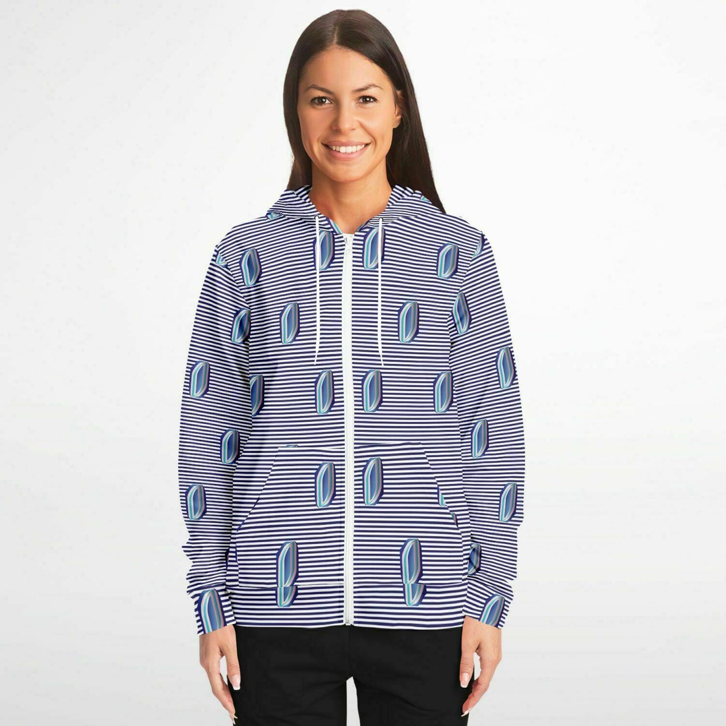 Fashion Zip-Up Hoodie - AOP Kukloso Whimsical No 57 Navy Stripes on White - Free Shipping