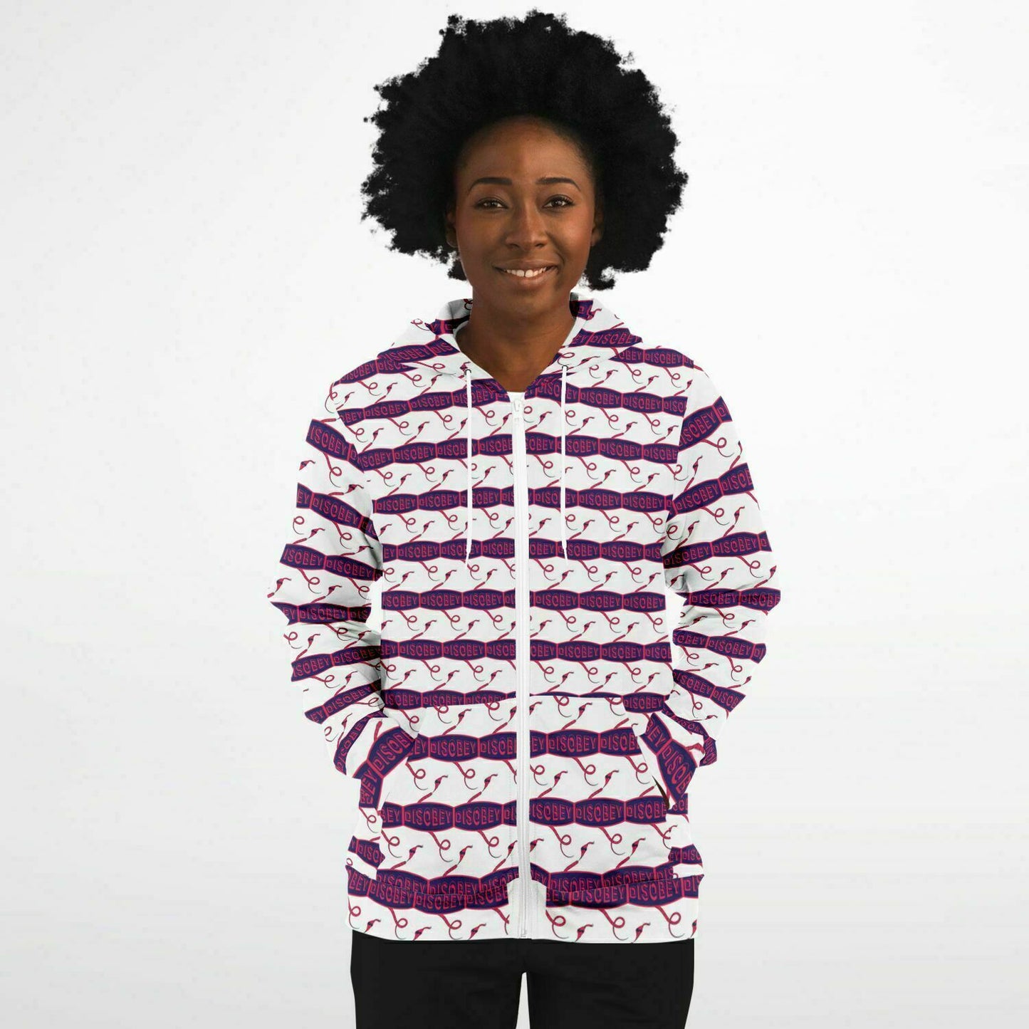 Fashion Zip-Up Hoodie - AOP Kukloso Disobey Logo Navy Magenta - Free Shipping