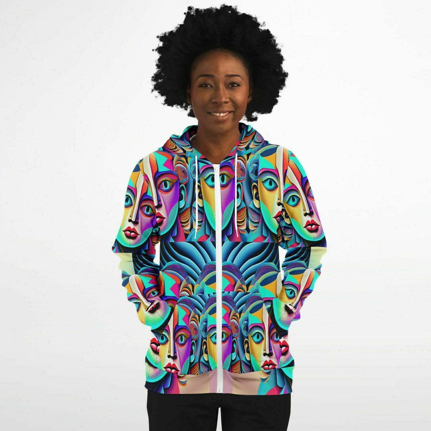 Fashion Zip-Up Hoodie - AOP Kukloso Cubist Faces No 39 - Free Shipping