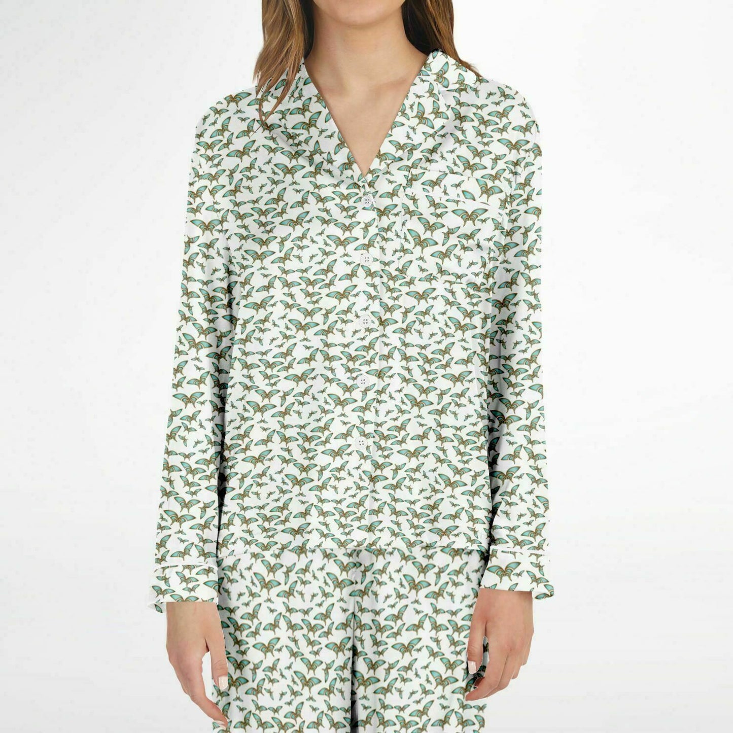 Women's Satin Pajamas - AOP Kukloso Madam Butterfly No 1 Aqua & Gold colors on White - Free Shipping