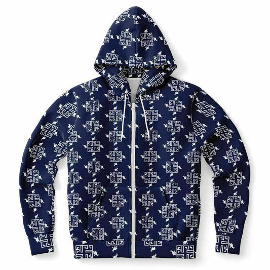Fashion Zip-Up Hoodie - AOP Kukloso Greek Border No 96 Elephants Navy & White - Free Shipping