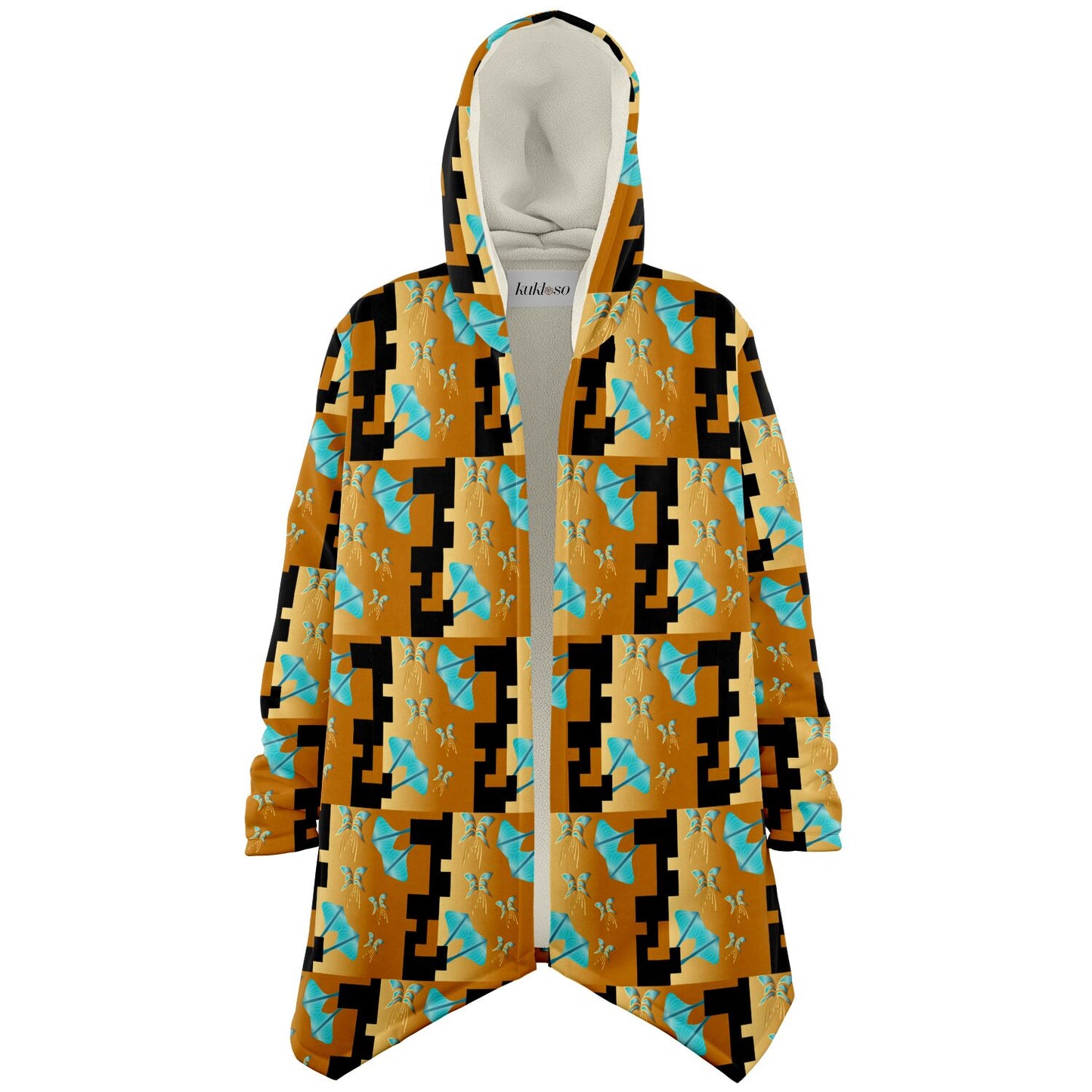 Microfleece Cloak - AOP Kukloso Whimsical No 43 Abstract Moth design, Gold & Turwuoise on Black - Free Shipping