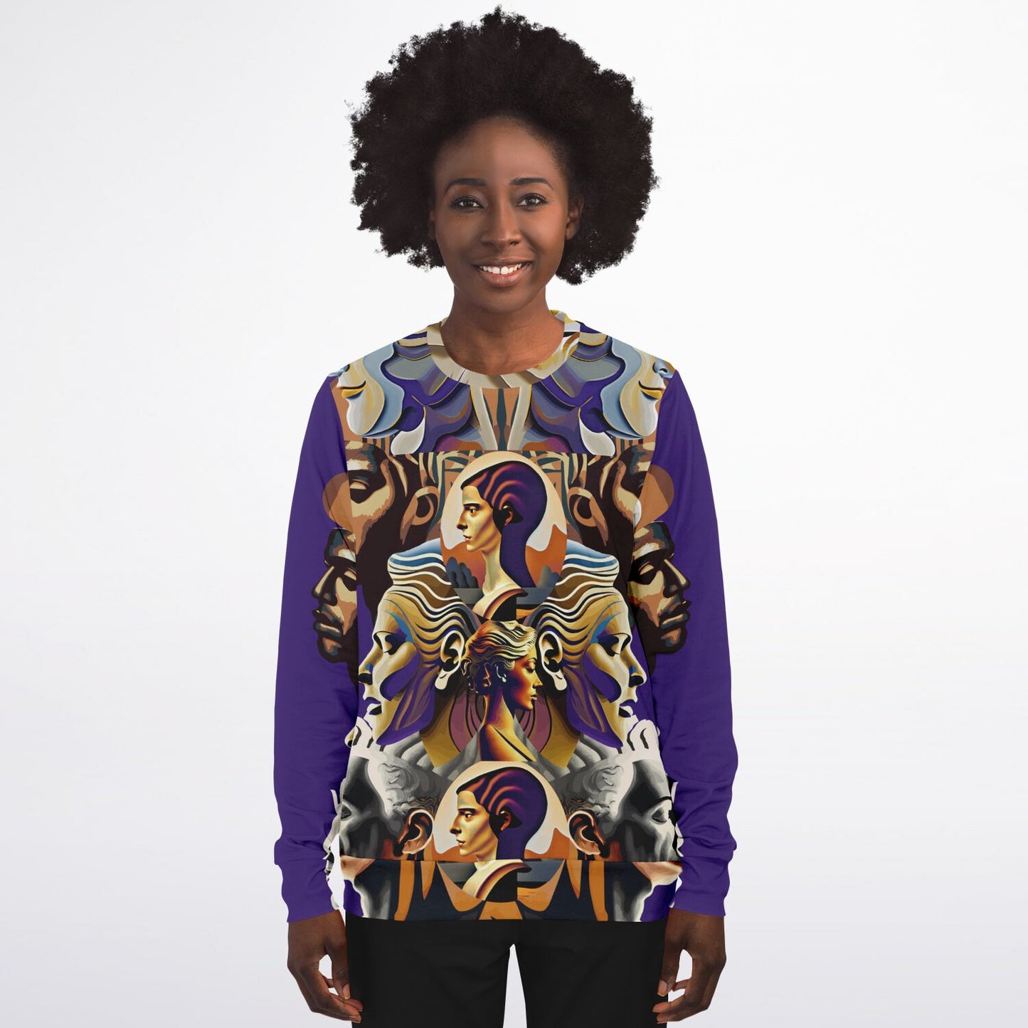 Athletic Sweatshirt - AOP Kukloso Cubist Faces No 54 on Purple - Free Shipping