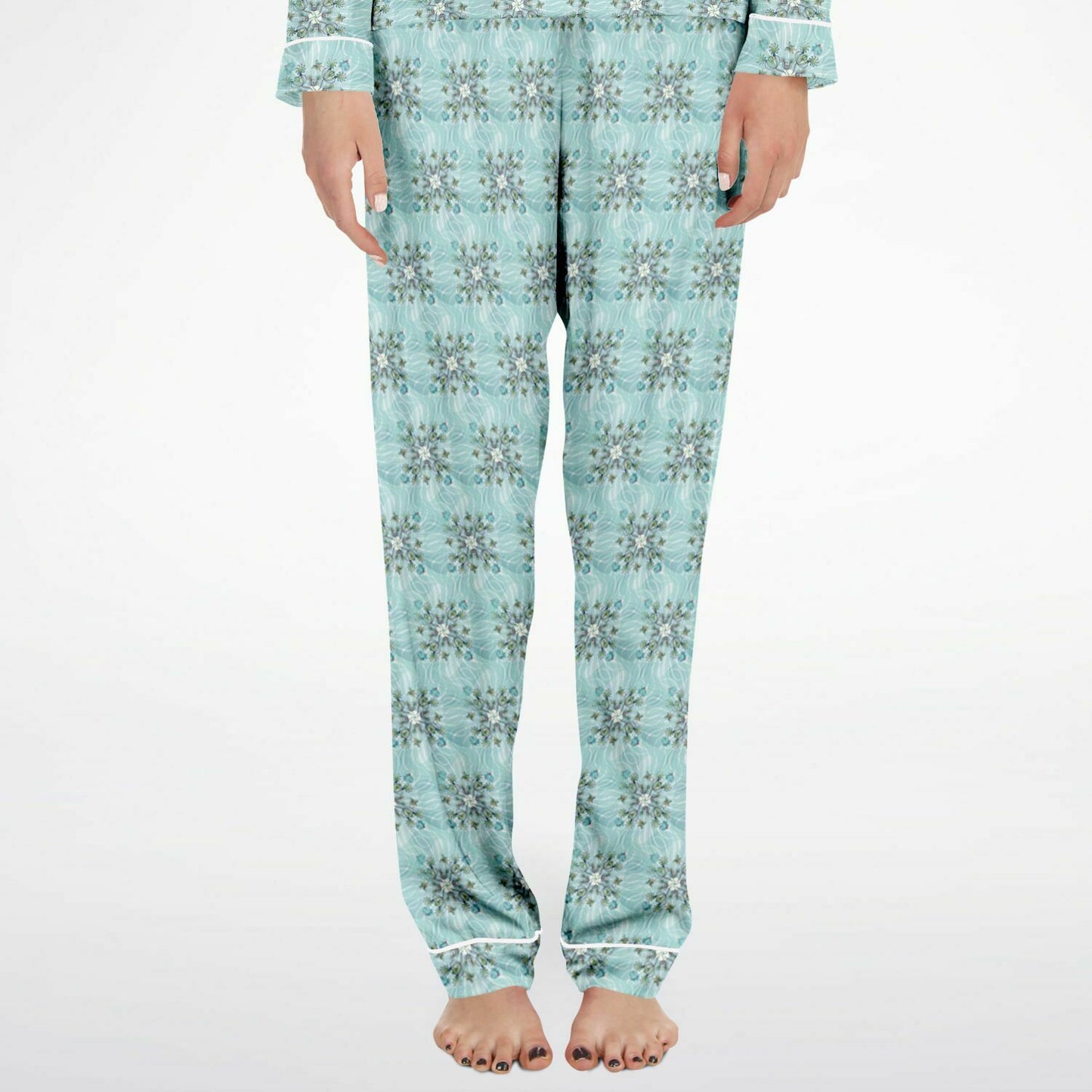 Women's Satin Pajamas - AOP Kukloso Melange de fleur No 13 Multicolored flowers - Aqua, Gold, Blue, Red on White - Free Shipping
