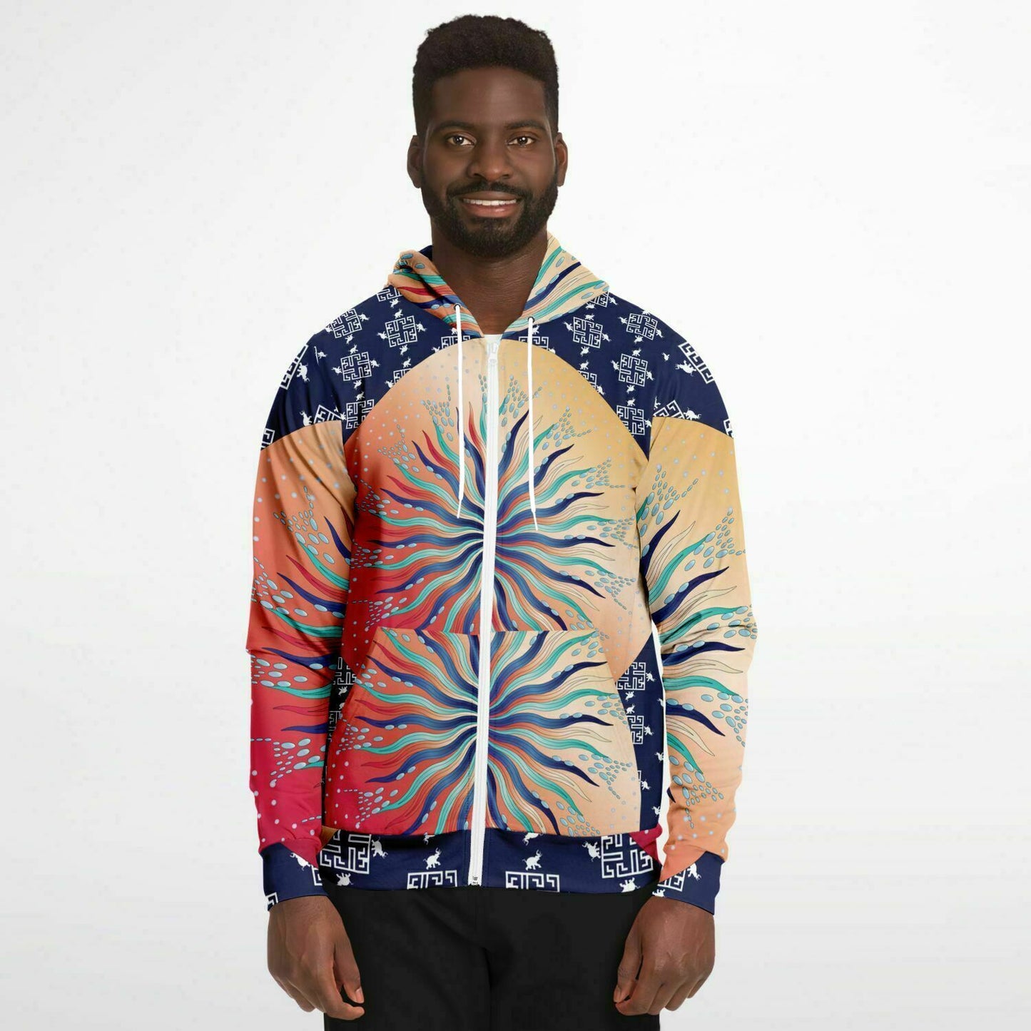 Fashion Zip-Up Hoodie - AOP Kukloso Mandala No 5A Multicolored Combo on a Greek Border - Free Shipping