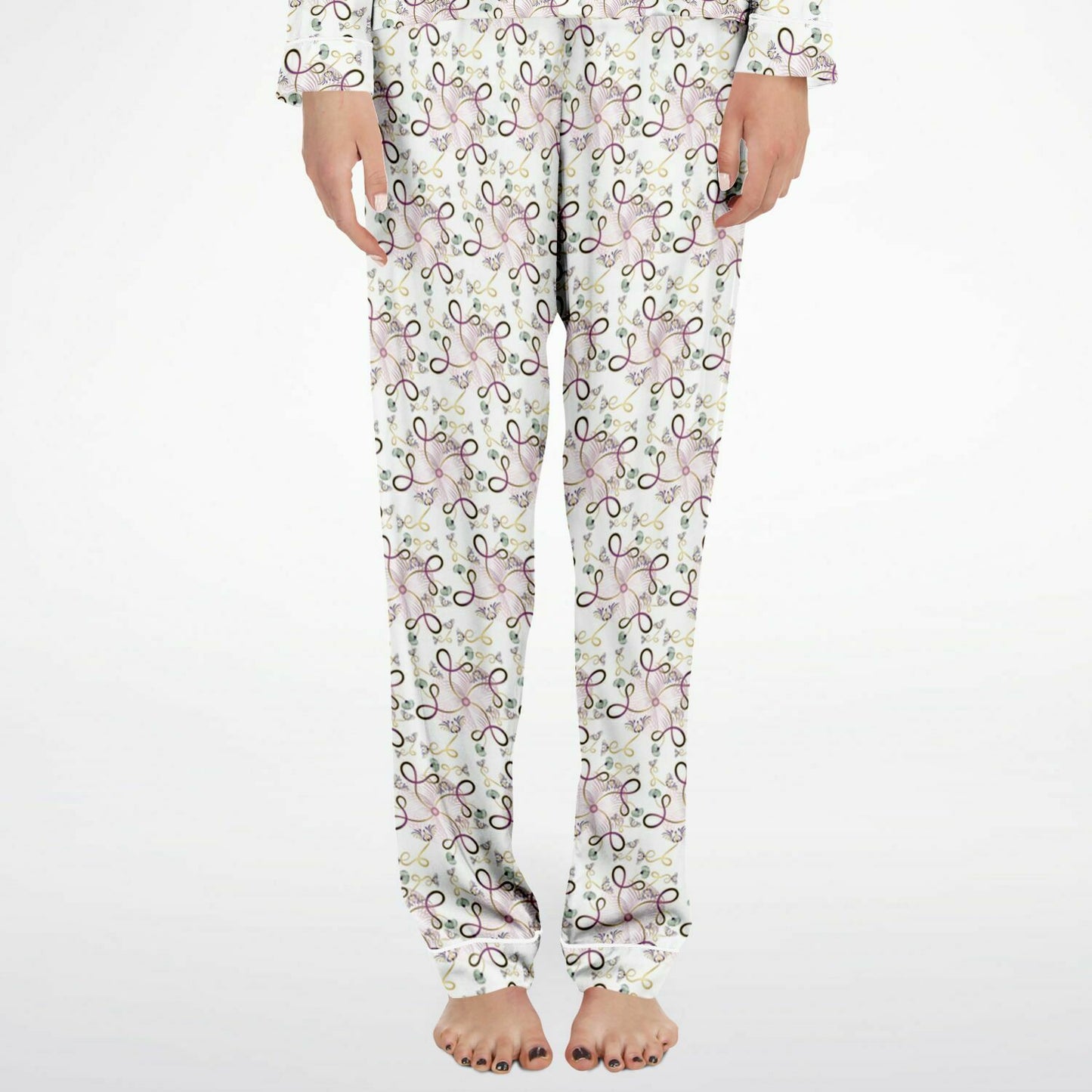 Women's Satin Pajamas - AOP Kukloso Whimsical No 25 Pink & Gold abstract swirling shapes on White - Free Shipping