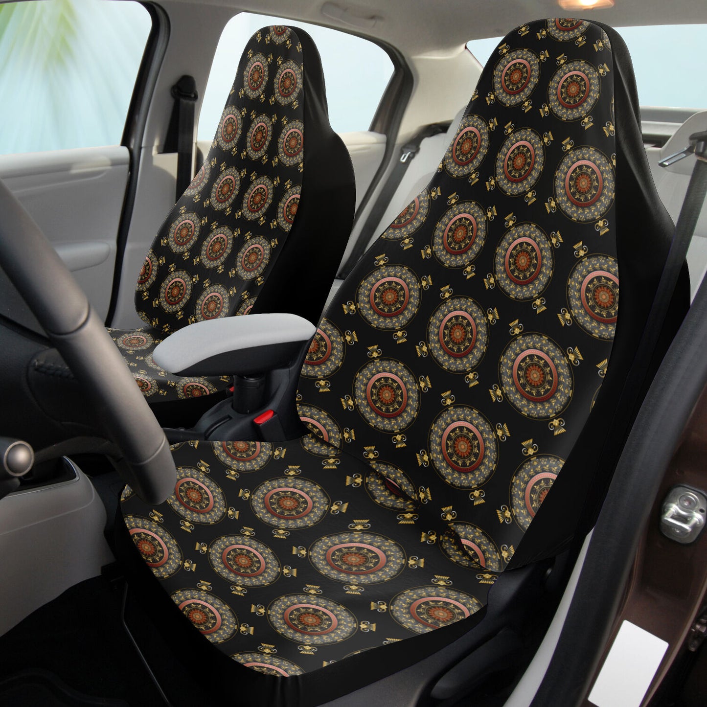 Car Seat Cover - AOP Kukloso Mandala No 27, intricate design of Copper & Gold on Black - Free Shipping