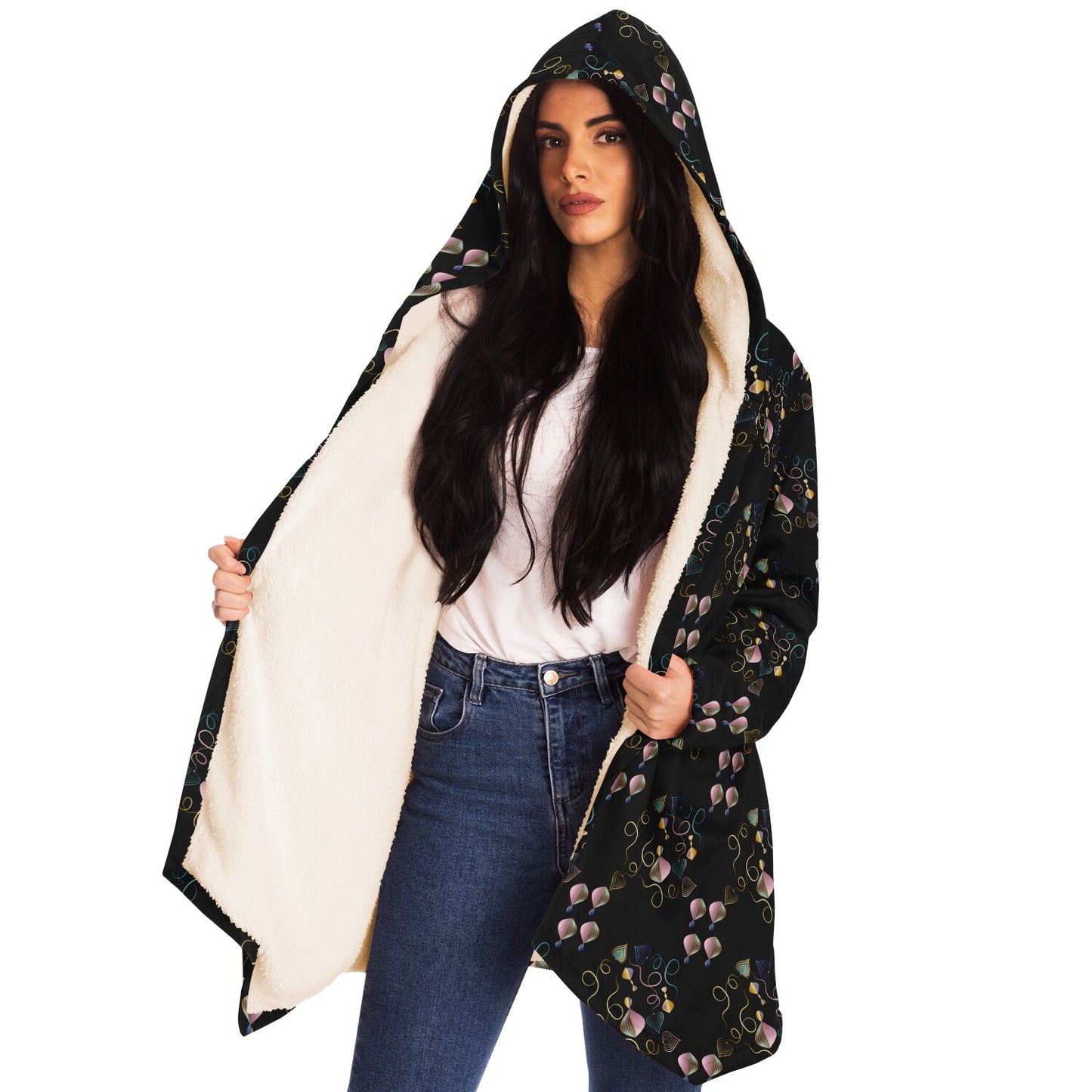 Microfleece Cloak - AOP Kukloso Whimsical No 47 Pink, Aqua, Navy abstract shapes on Black - Free Shipping