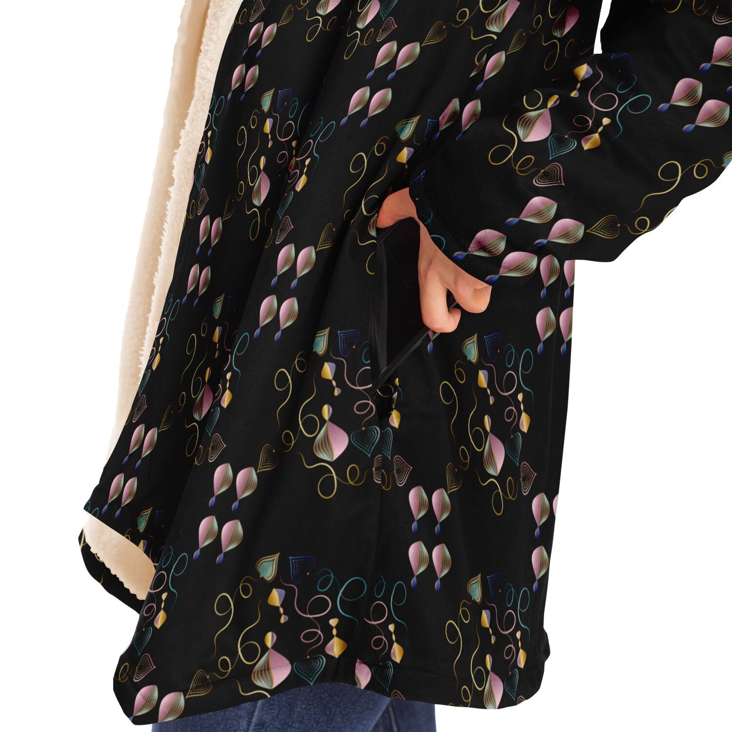 Microfleece Cloak - AOP Kukloso Whimsical No 47 Pink, Aqua, Navy abstract shapes on Black - Free Shipping