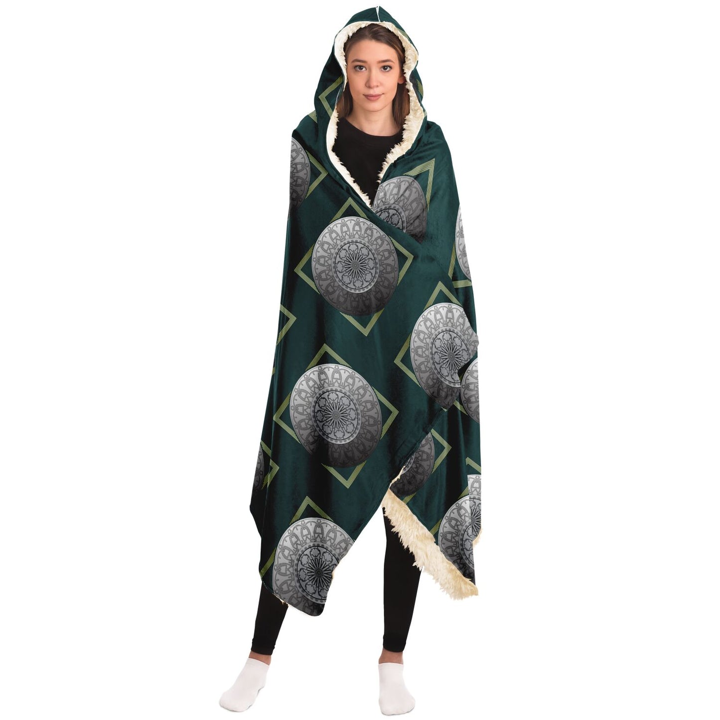 Hooded Blanket - AOP Mandala No 22 Silver on Dark Green