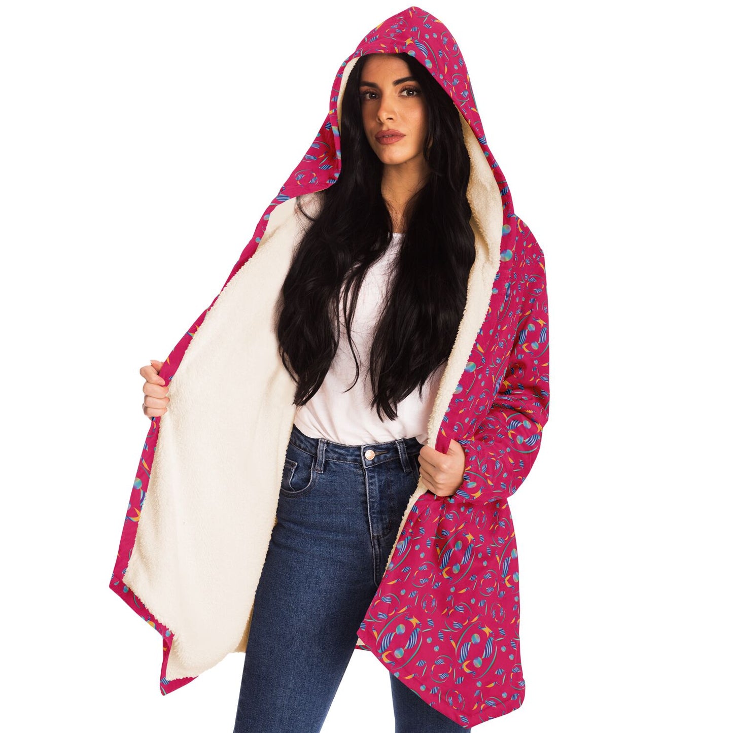 Microfleece Cloak - AOP Kukloso Whimsical No 8 Abstract Aqua,Navy & Yellow shapes on Magenta bkgd. - Free Shipping