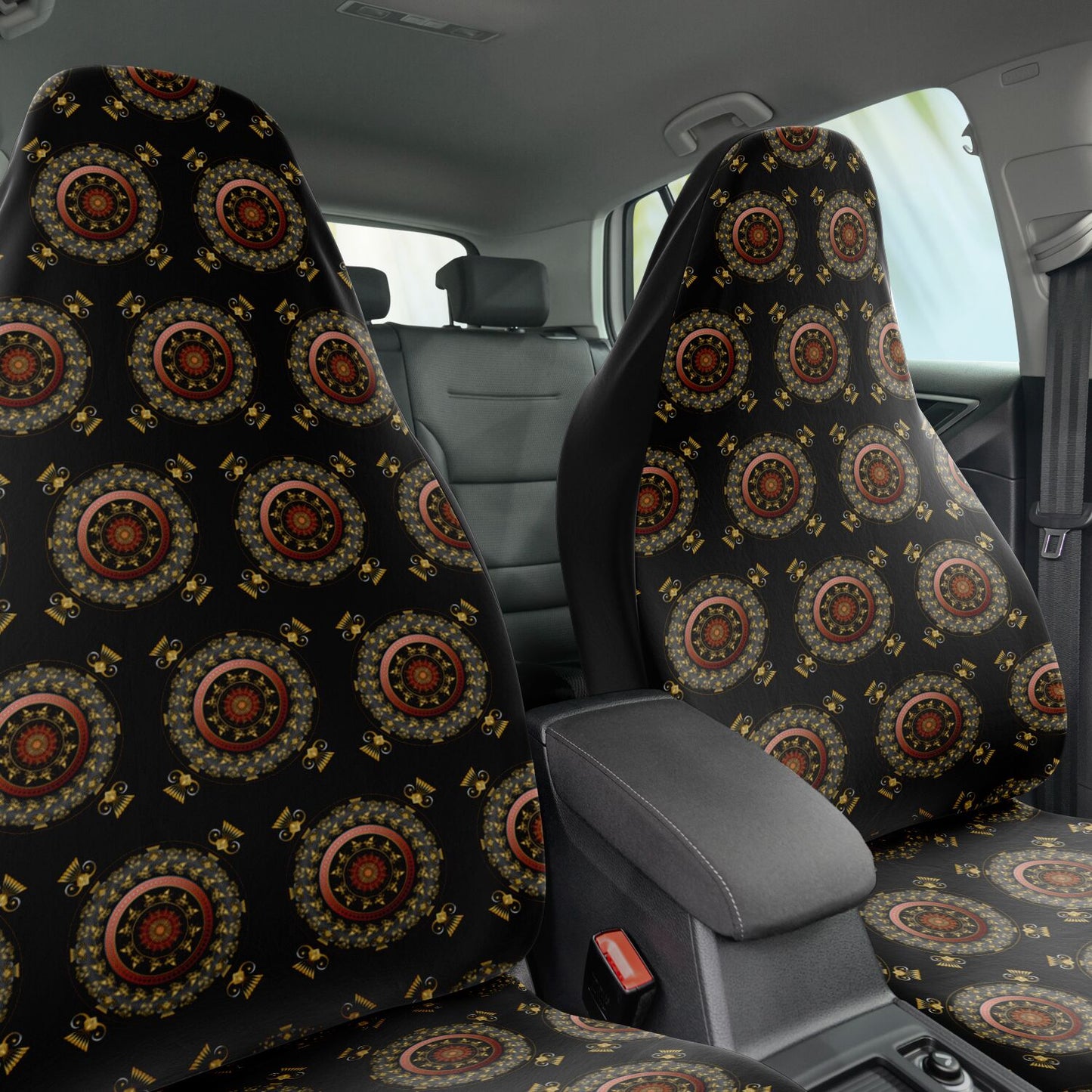 Car Seat Cover - AOP Kukloso Mandala No 27, intricate design of Copper & Gold on Black - Free Shipping