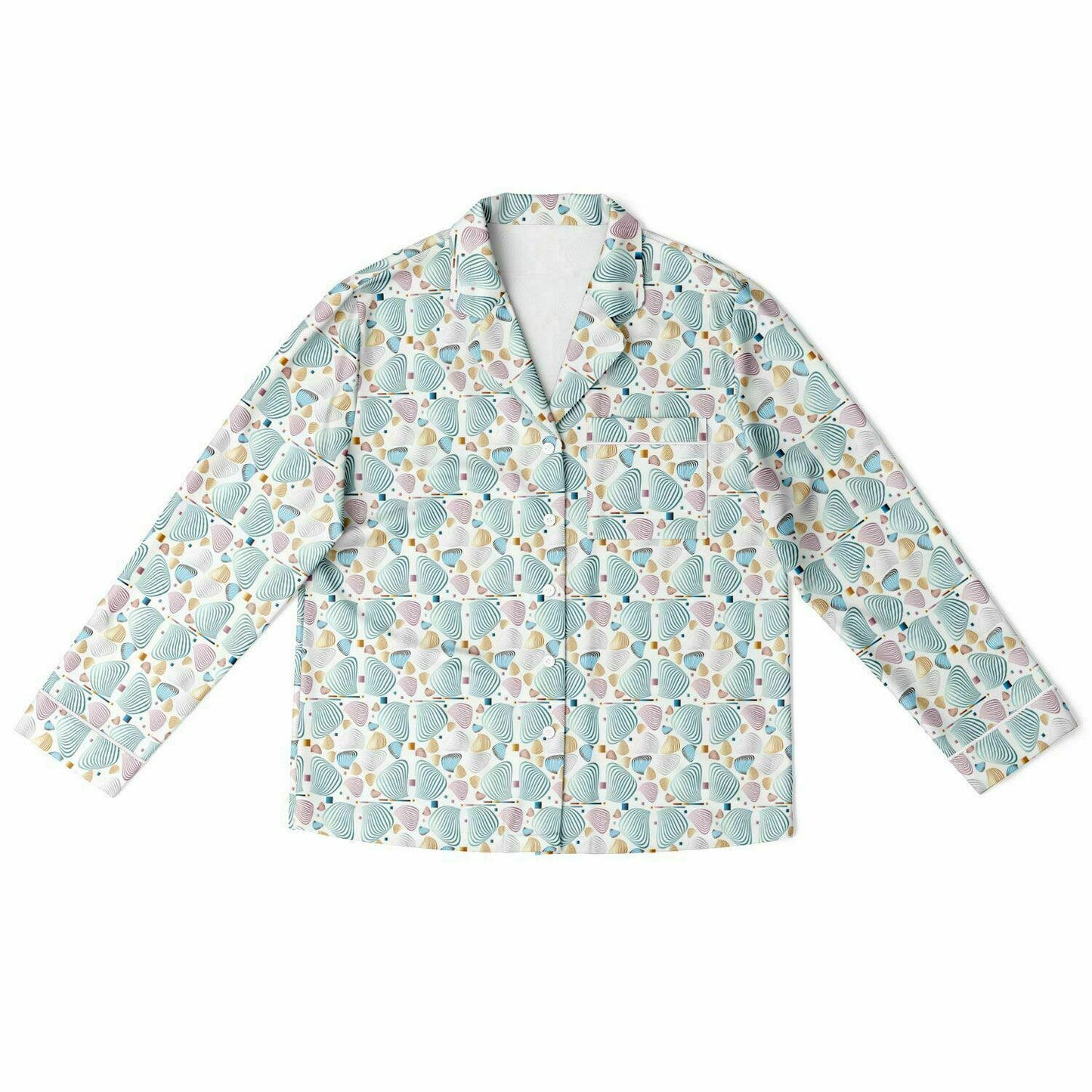 Women's Satin Pajamas - AOP Kukloso Fleurons No 80 No 1 Abstract shapes Pink, Aqua, Copper, Navy, Silver & Gold on White - Free Shipping