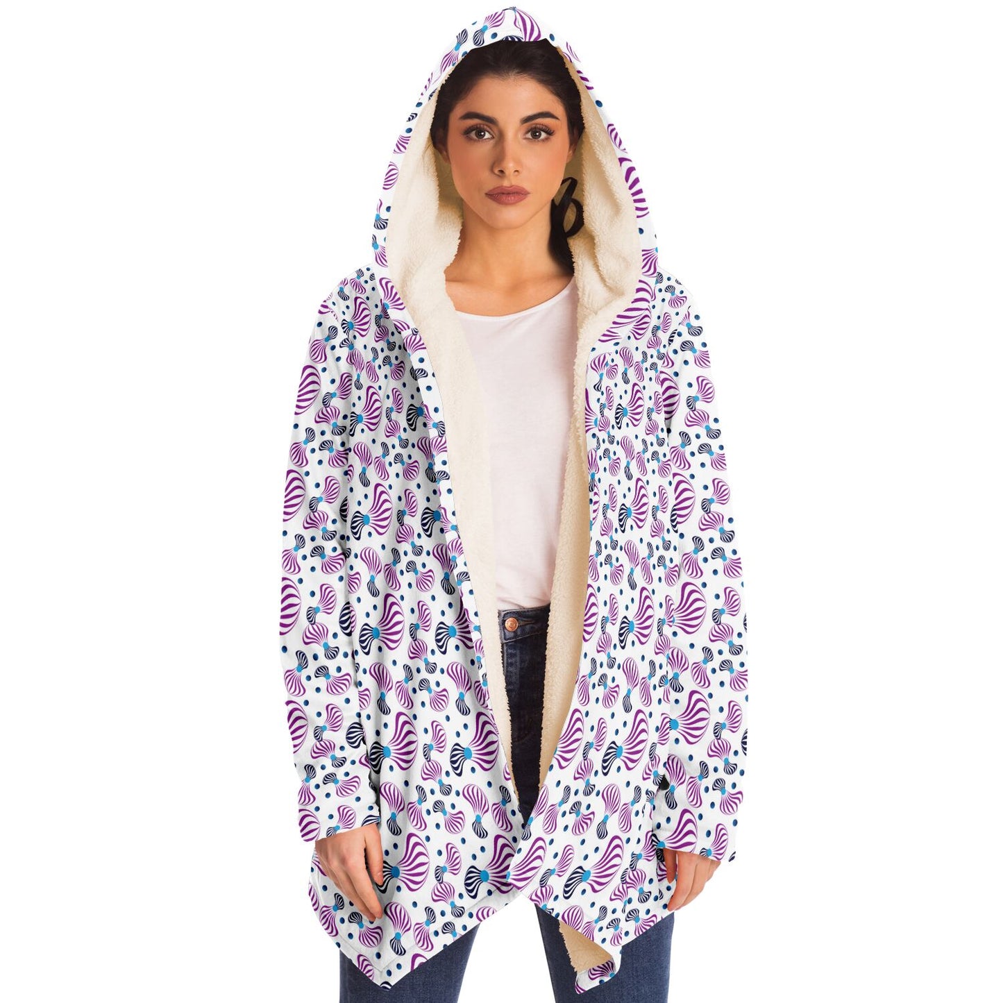 Microfleece Cloak - AOP Kukloso Whimsical No 95 Pink spirals on White - Free Shipping