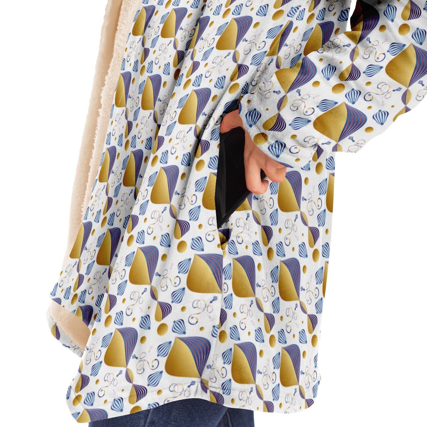 Microfleece Cloak - AOP Kukloso Whimsical No 21 Abstract Gold, Pink & Navy shapes on White - Free Shipping