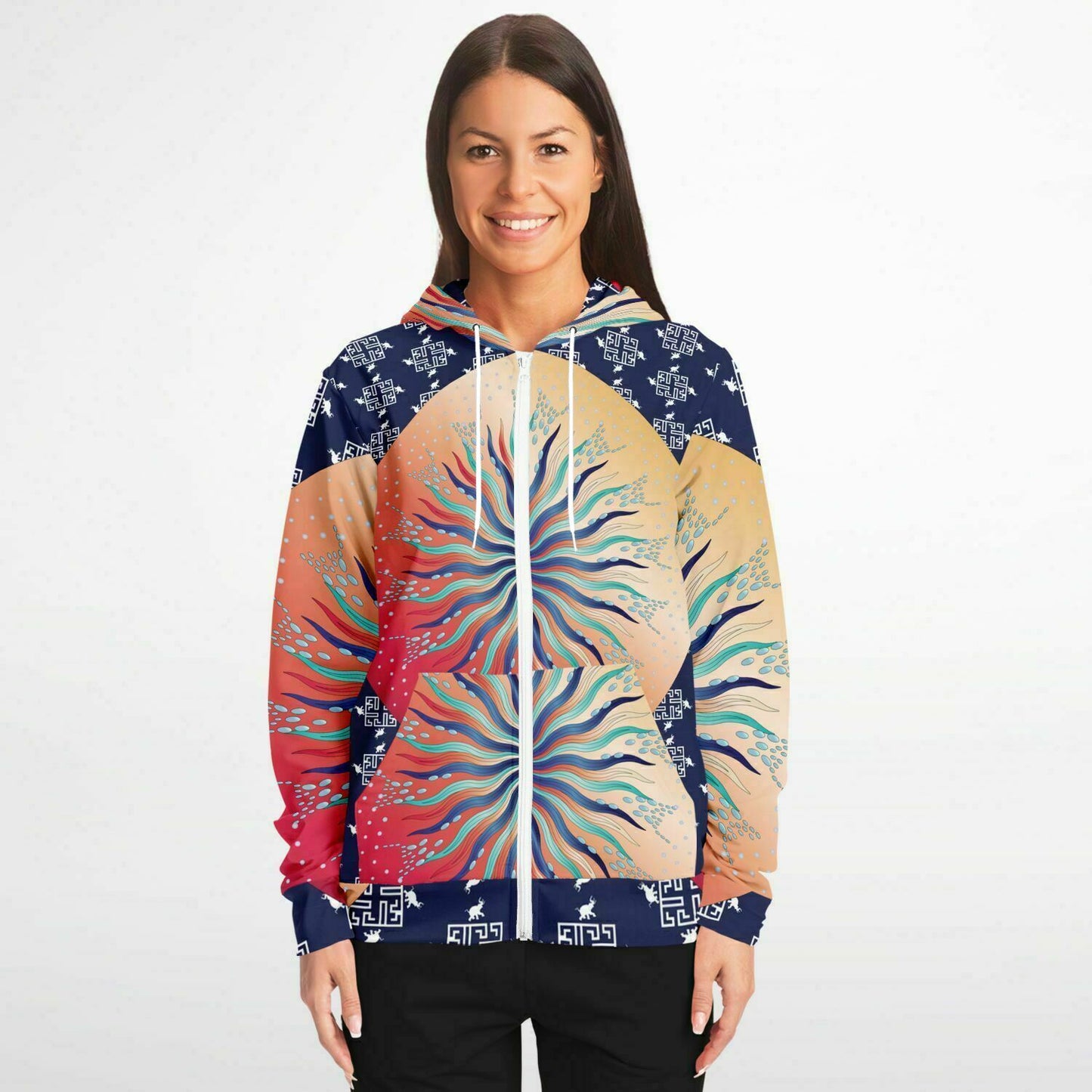 Fashion Zip-Up Hoodie - AOP Kukloso Mandala No 5A Multicolored Combo on a Greek Border - Free Shipping
