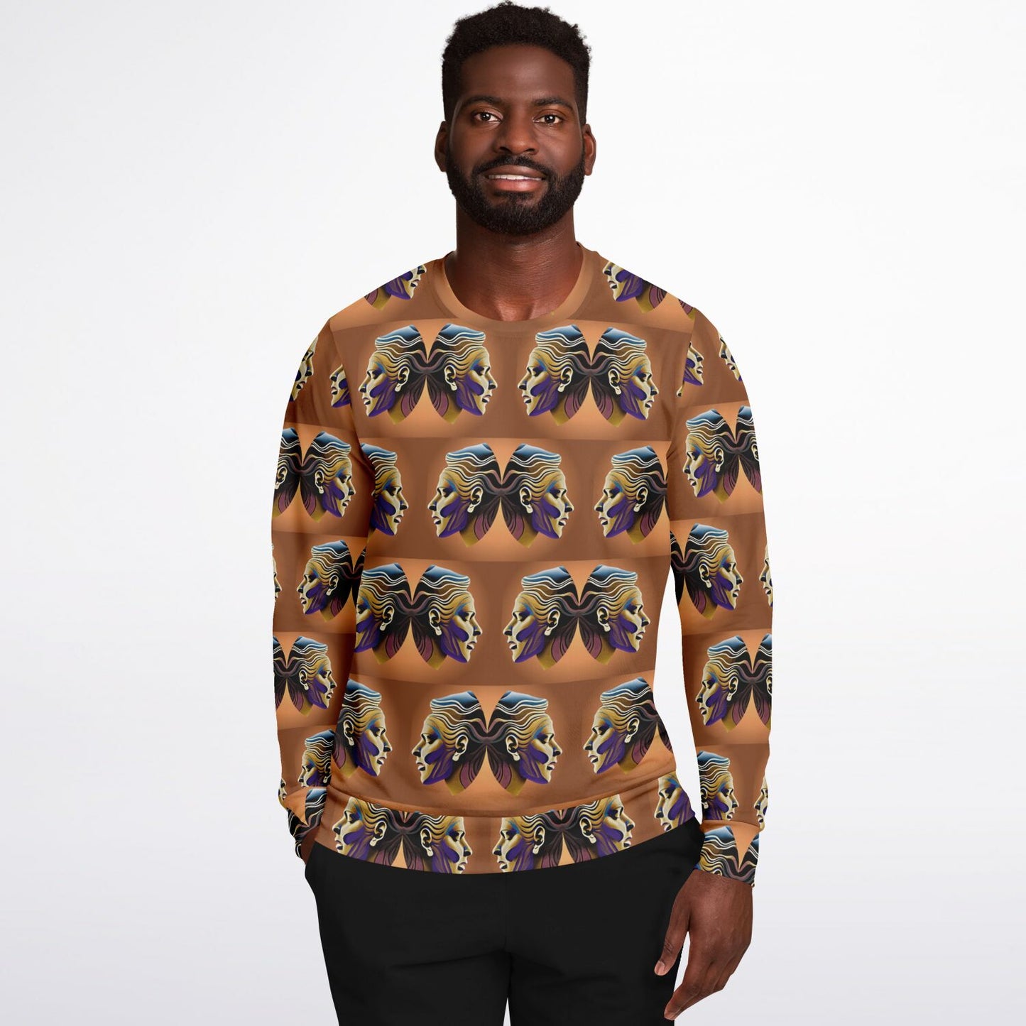 Athletic Sweatshirt - AOP Kukloso Cubist Faces No 3 Copper colors on Black - Free Shipping