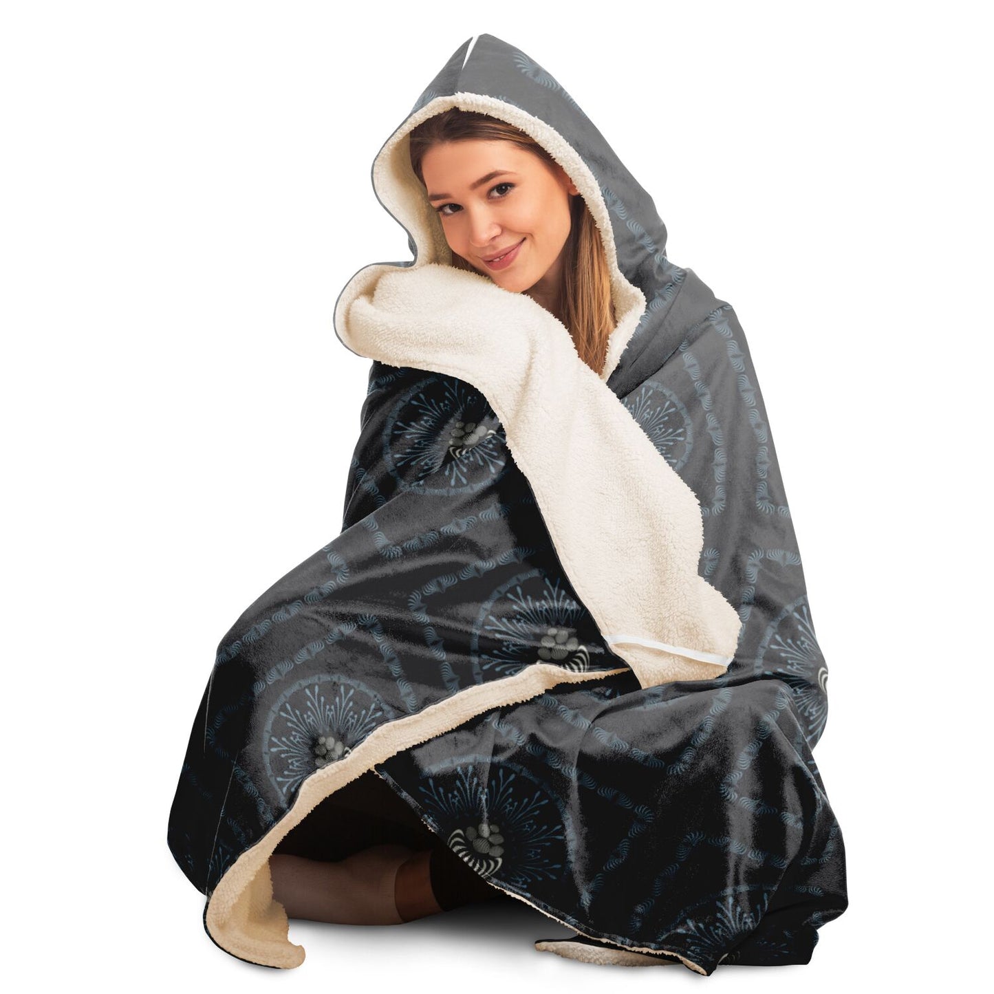 Hooded Blanket - AOP Mandala No 25 No 11 Pale Blue on Gray