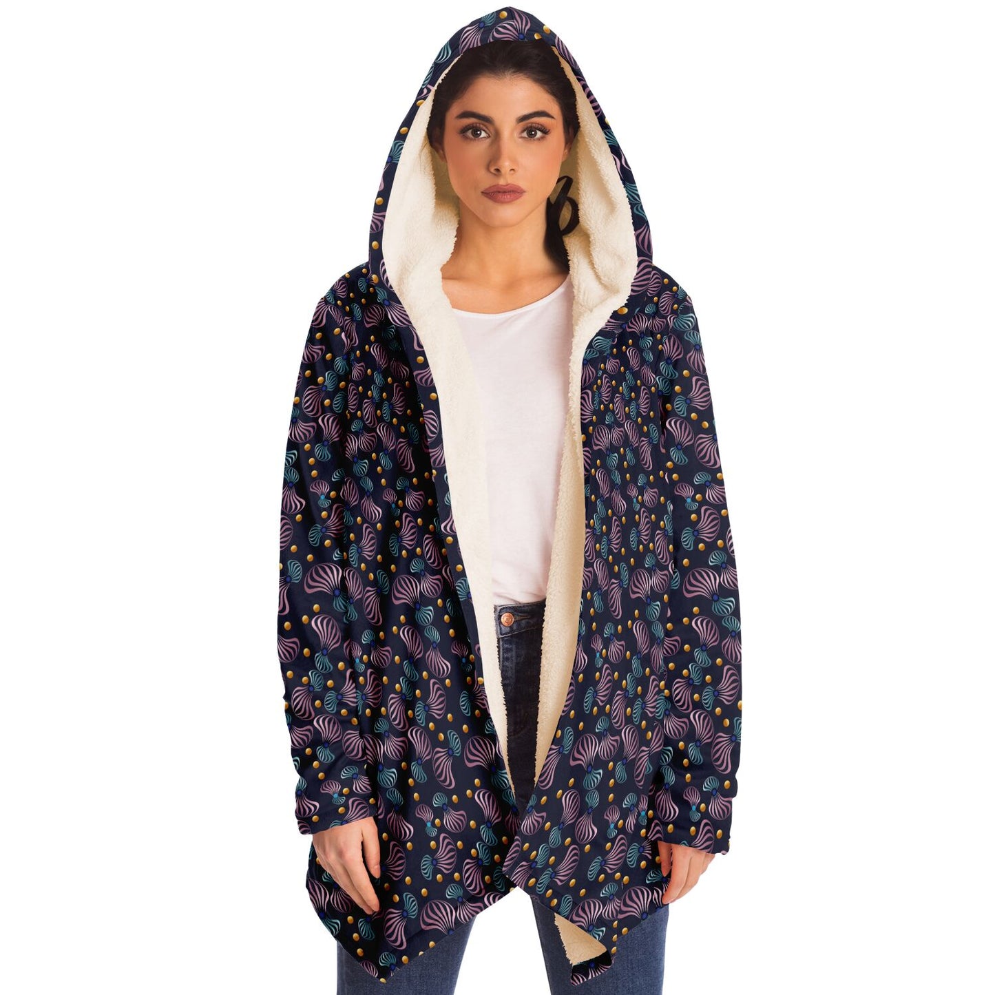 Microfleece Cloak - AOP Kukloso Whimsical No 81 Pink, Aqua, Gold on Navy - Free Shipping