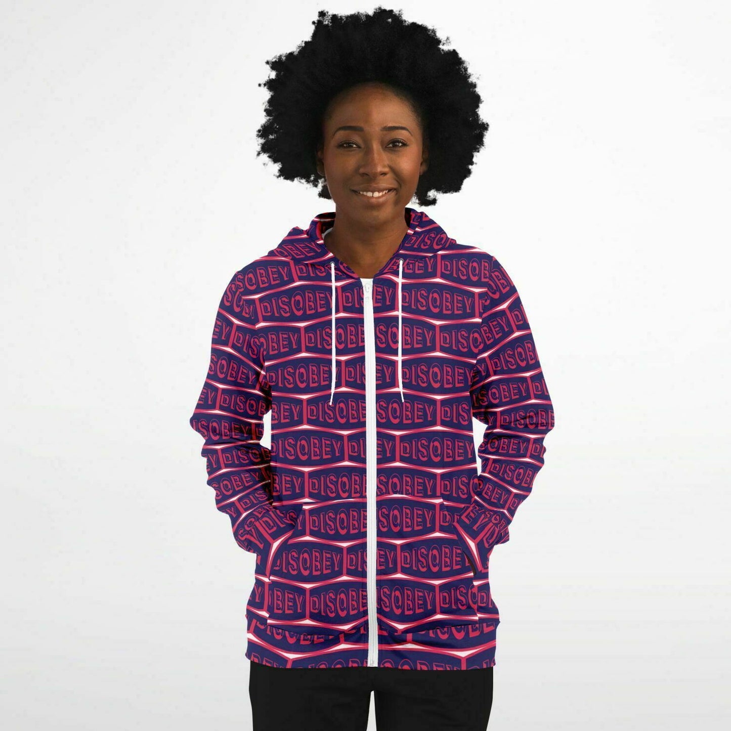 Fashion Zip-Up Hoodie - AOP Kukloso Disobey Logo Navy & Magenta - Free Shipping