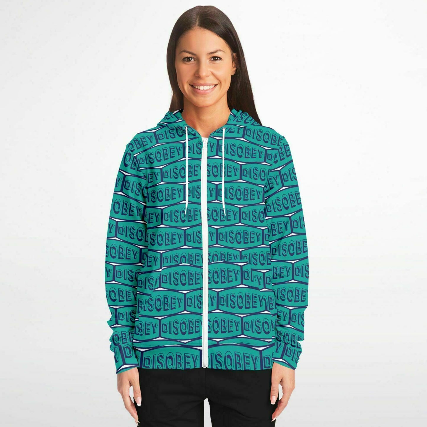 Fashion Zip-Up Hoodie - AOP Kukloso Disobey Logo Navy & Turquoise - Free Shipping