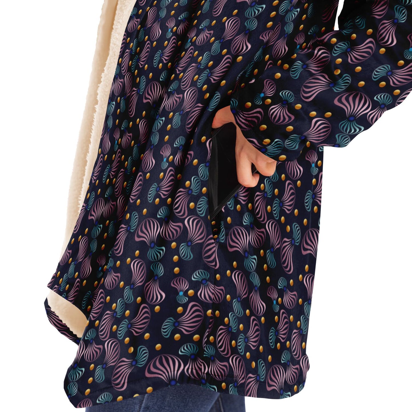 Microfleece Cloak - AOP Kukloso Whimsical No 81 Pink, Aqua, Gold on Navy - Free Shipping