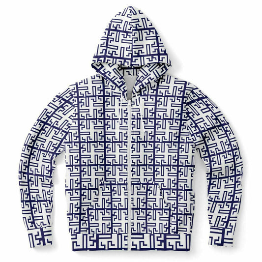 Fashion Zip-Up Hoodie - AOP Kukloso Greek Border No 53 Navy on White - Free Shipping